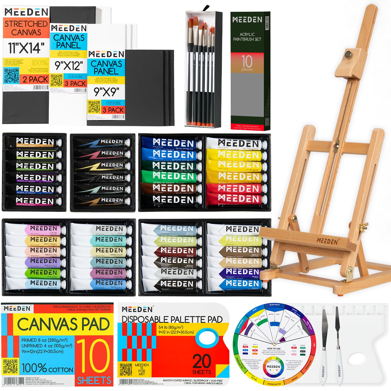 MEEDEN 72-Piece Deluxe Acrylic Paint Set with Beech Wood Tabletop Easel - 48 Vibrant Colors (22ml Tubes), Includes Canvas & Paint Brushes - Professional Art Supplies for Adults, Kids & Beginners - Perfect for Home Studio, Classroom & DIY Painting Projects
