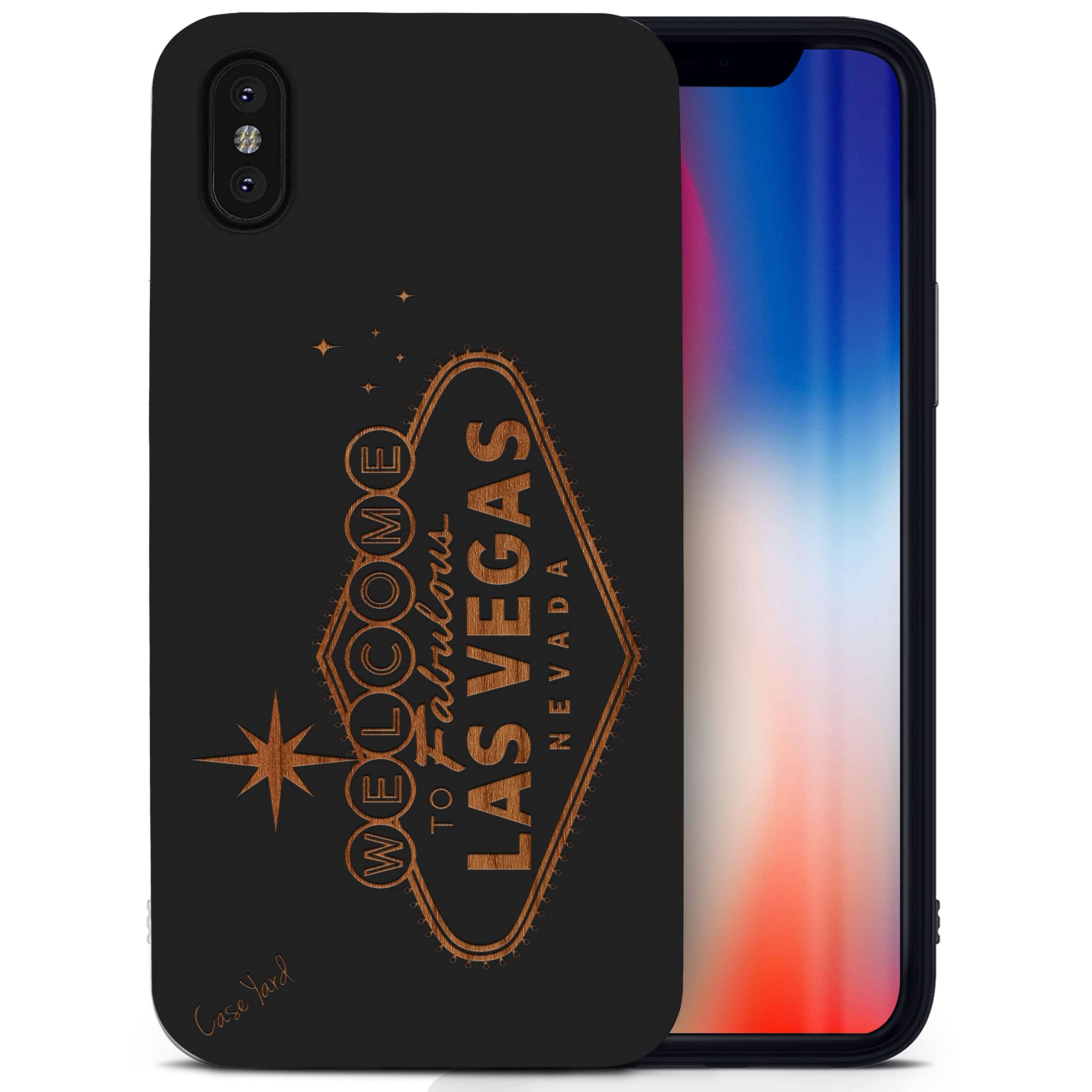 CaseYard Wooden Phone Case for iPhone X - Laser Engraved Fabulous Vegas Design, Black Wood Protective Shockproof Slim Fit Cover for Men & Women | Perfect for Travel, Business & Everyday Use
