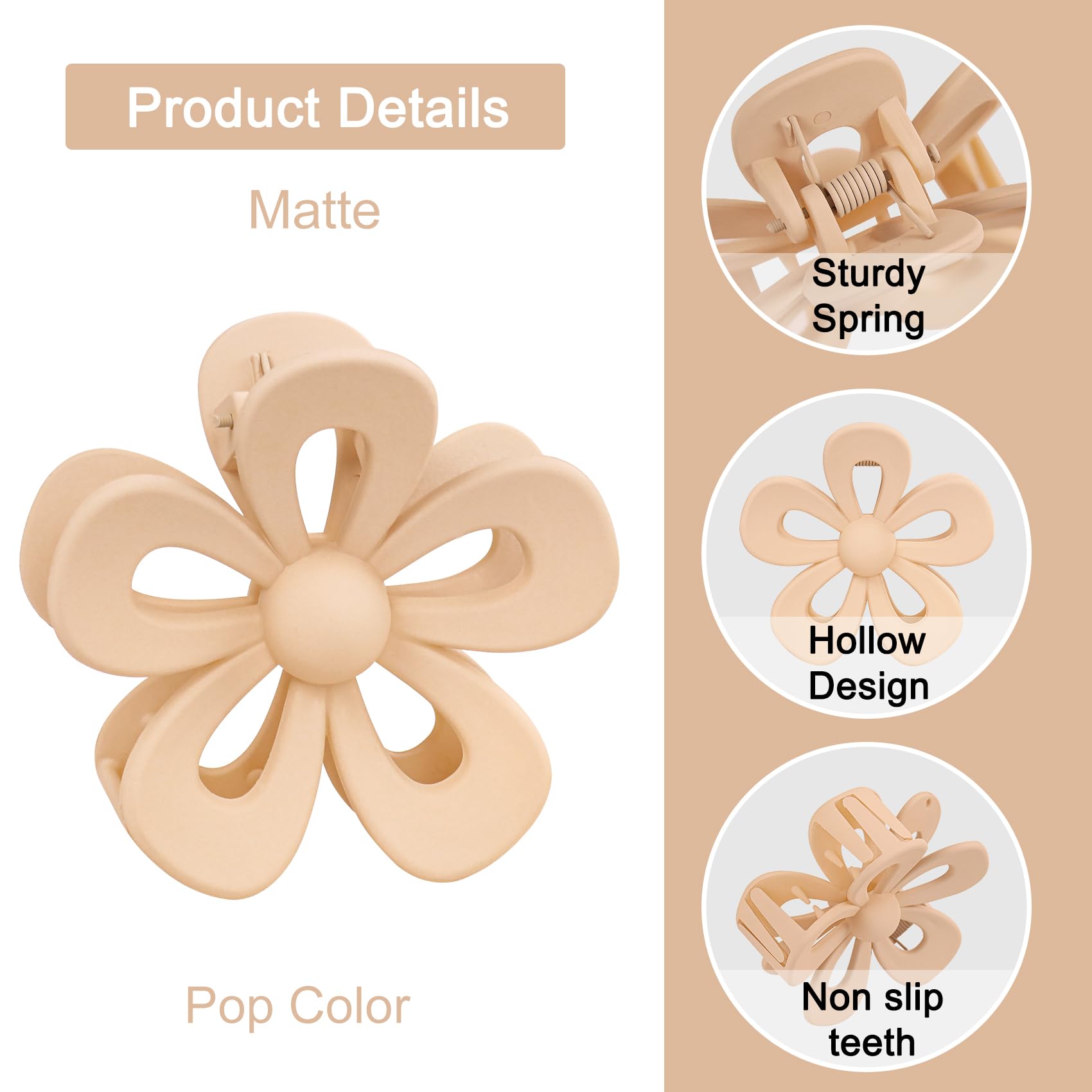8PCS Matte Hair Clips for Women and Girls - Non-Slip Flower Claws for Thick Hair, Large Khaki Daisy Hairpins with Strong Hold | Perfect for School, Work, Parties and Everyday Hairstyles