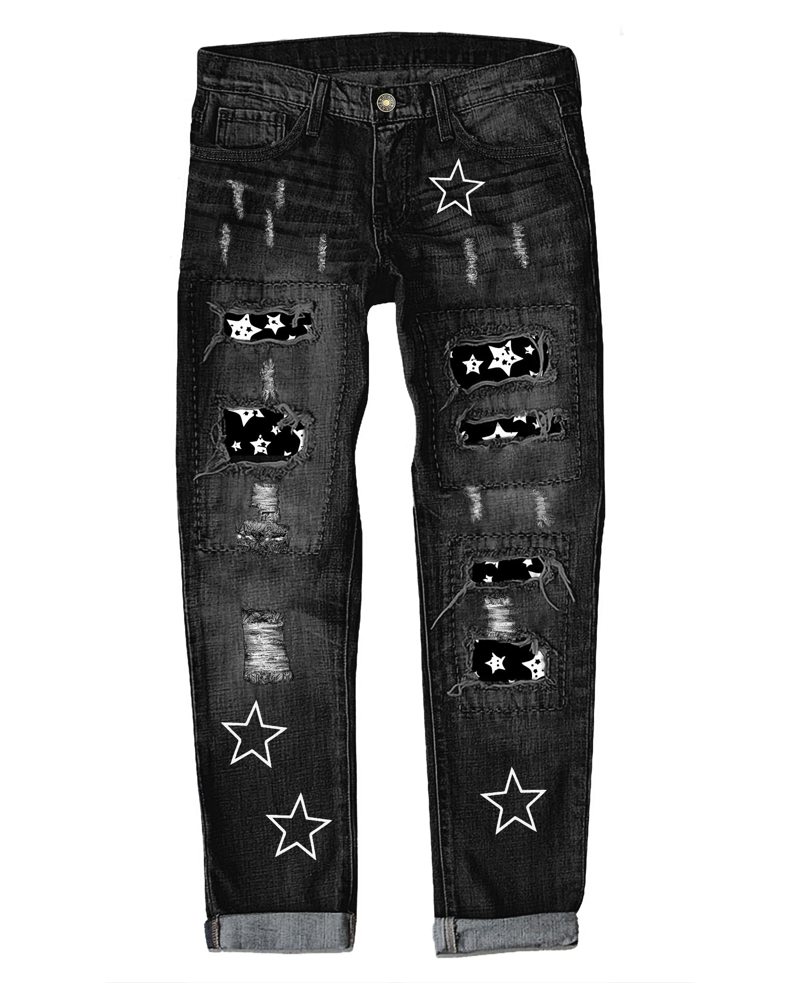 Luvamia Women's Boyfriend Jeans - Ripped Distressed Stretch Denim Pants with Patchwork Design | Comfortable & Stylish for Casual Wear, Outings & Everyday Fashion
