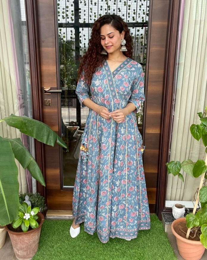 Blue Block Print Maxi Dress for Women - Bohemian Floral Long Dress - Perfect for Beach Vacations, Summer Parties & Casual Outings