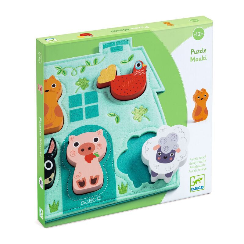 5-Piece Mouki Farm Animal Wooden & Felt Puzzle Set - Educational Toddler Learning Toy for Kids Ages 2-4 - Perfect for Montessori, Preschool & Home Playtime