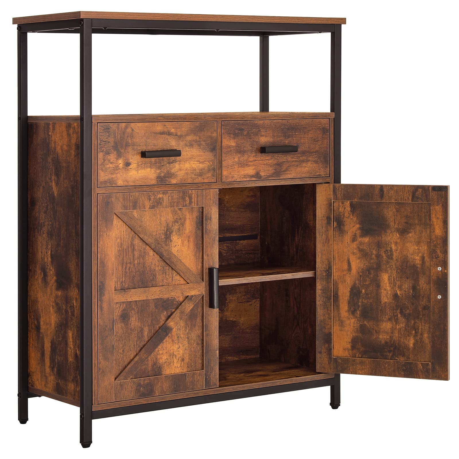 WEENFON Industrial Storage Cabinet with 2 Large Drawers & Open Shelf - Rustic Brown Barn Door Sideboard for Living Room, Entryway, Kitchen - Perfect for Home Organization & Farmhouse Decor