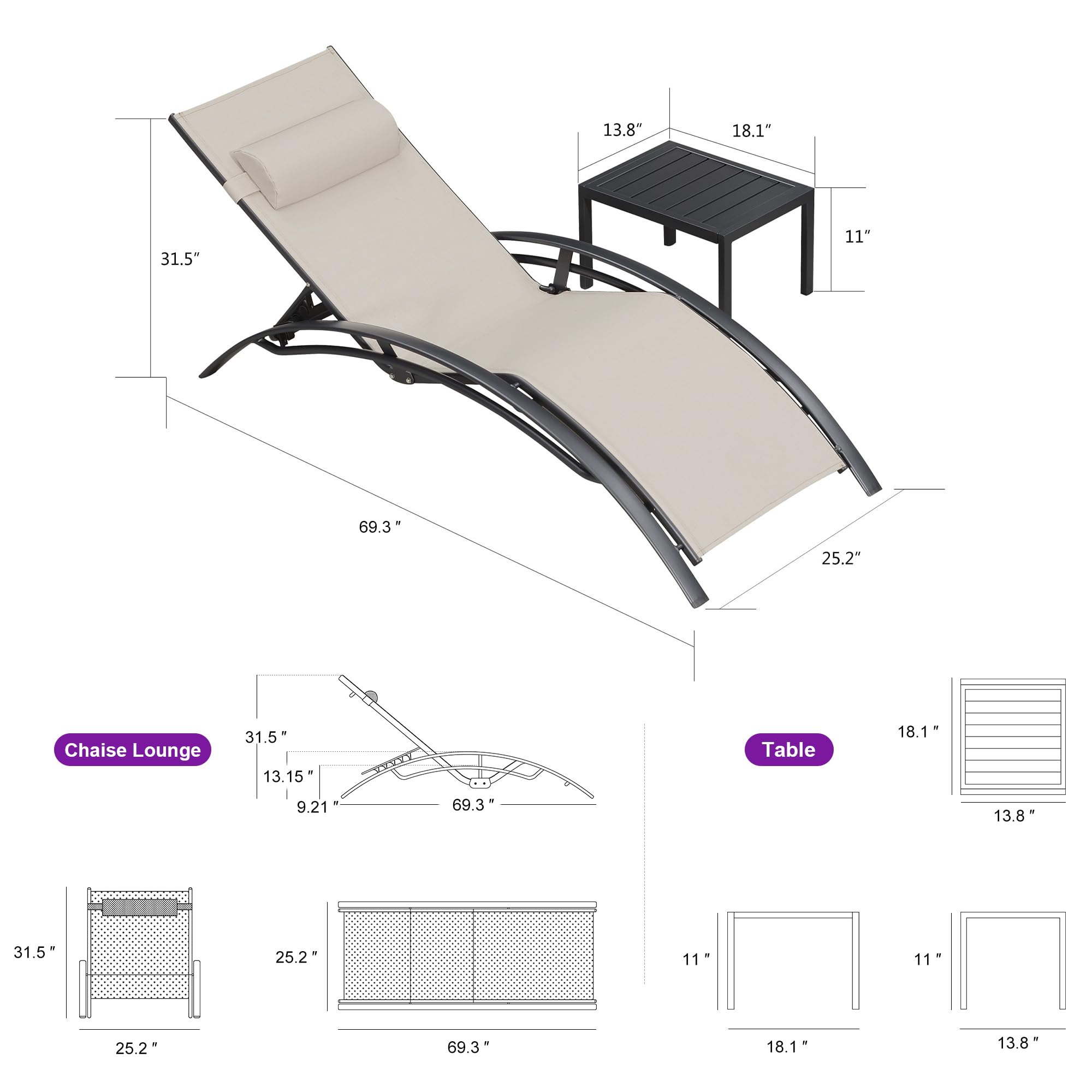 PURPLE LEAF 3-Piece Outdoor Chaise Lounge Set - All-Weather Patio, Pool & Beach Sunbathing Chairs with Side Table - Beige Recliners for Backyard, Lawn & Tanning