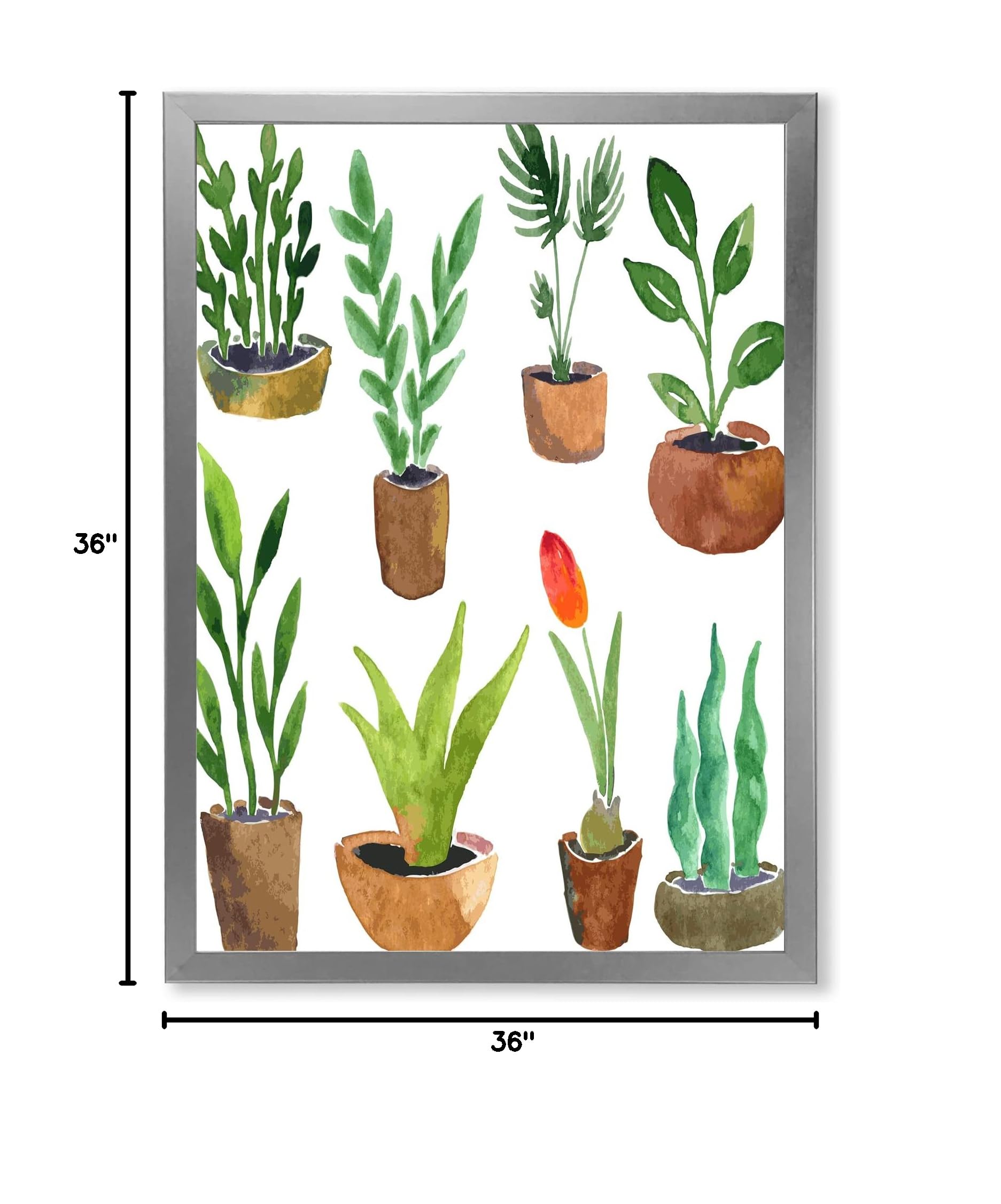 Eight Potted House Plants Traditional Framed Wall Art - Botanical Home Decor for Living Room, Bedroom & Office
