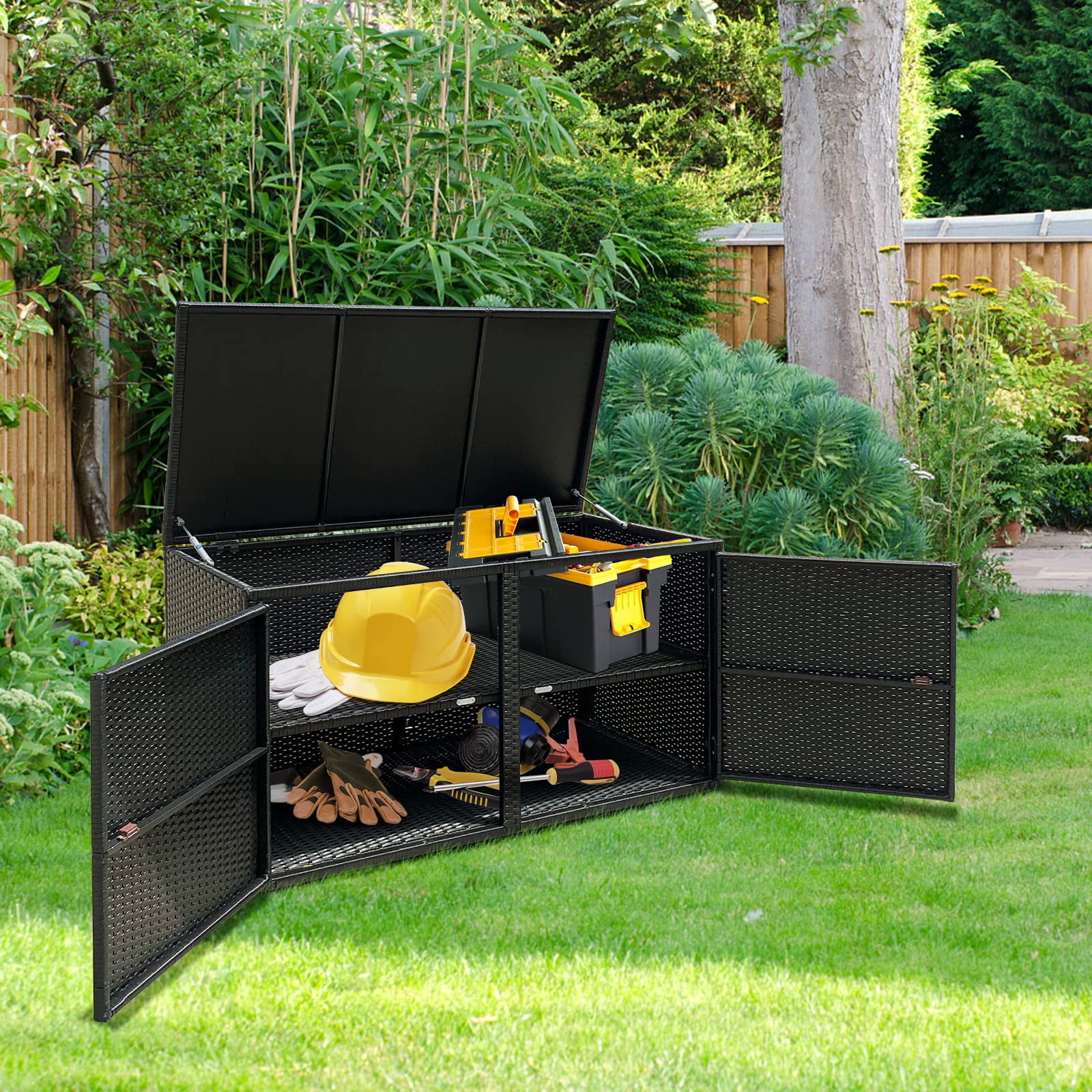 HAPPYGRILL 88 Gallon Outdoor Wicker Storage Box - Rattan Deck Box for Patio Furniture, Garden Tools & Yard Accessories - Weatherproof Storage Solution for Balcony, Porch & Backyard Organization