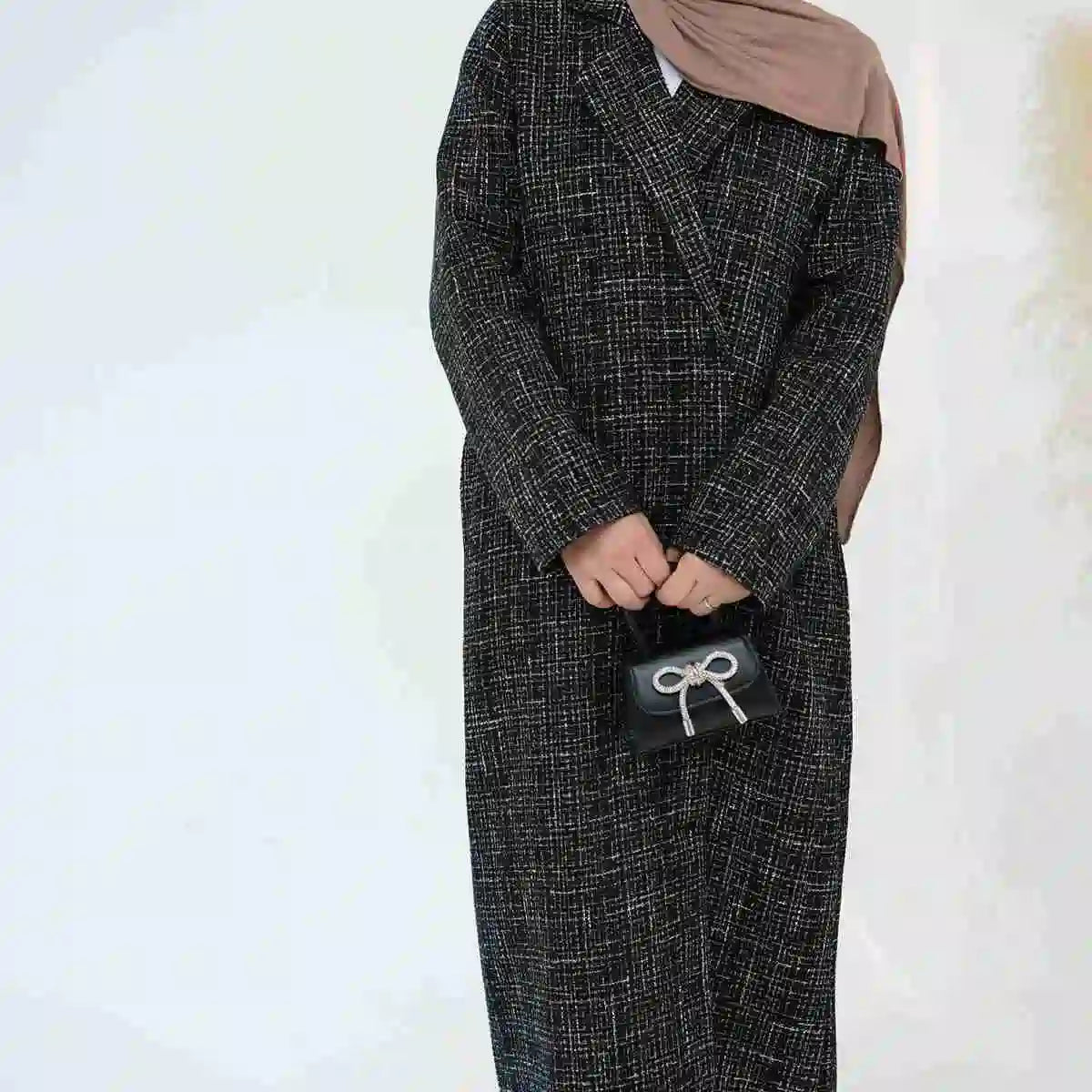 Stylish Winter Fall Tweed Thick Open Abaya Dress Coat for Women - Perfect for Modest Fashion, Cold Weather & Special Occasions