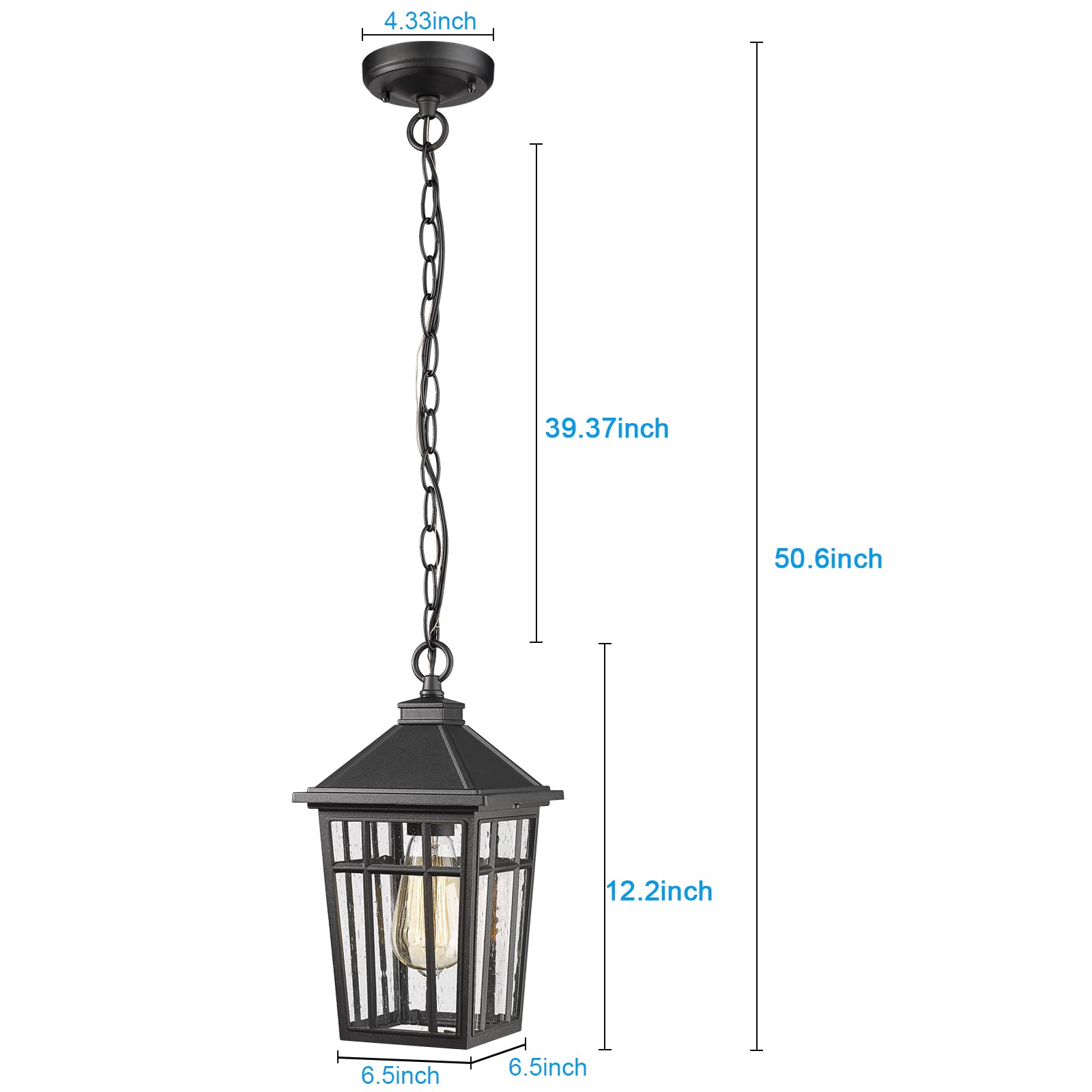 Darkaway Outdoor Pendant Light Fixture - Waterproof Rust-Resistant Aluminum Hanging Light with Seeded Glass for Porch, Entryway, Doorway - Farmhouse Black Style - Perfect for Patio, Deck, Garden & Outdoor Dining Areas
