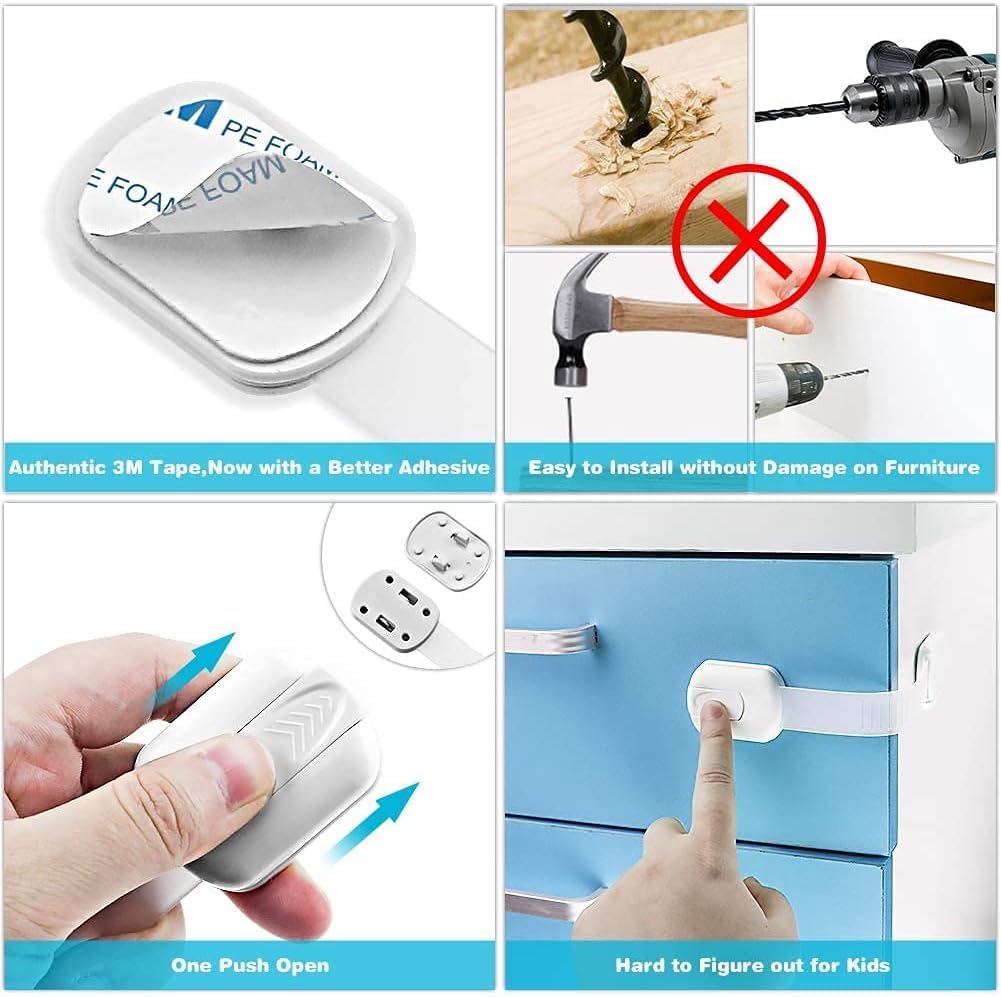 10 Pack White Baby Safety Cabinet Locks - Child Proof Strap Latches for Cupboards, Drawers, Appliances, Toilet Seats & More | Self-Adhesive & Adjustable | Perfect for Kitchen, Bathroom & Nursery Safety