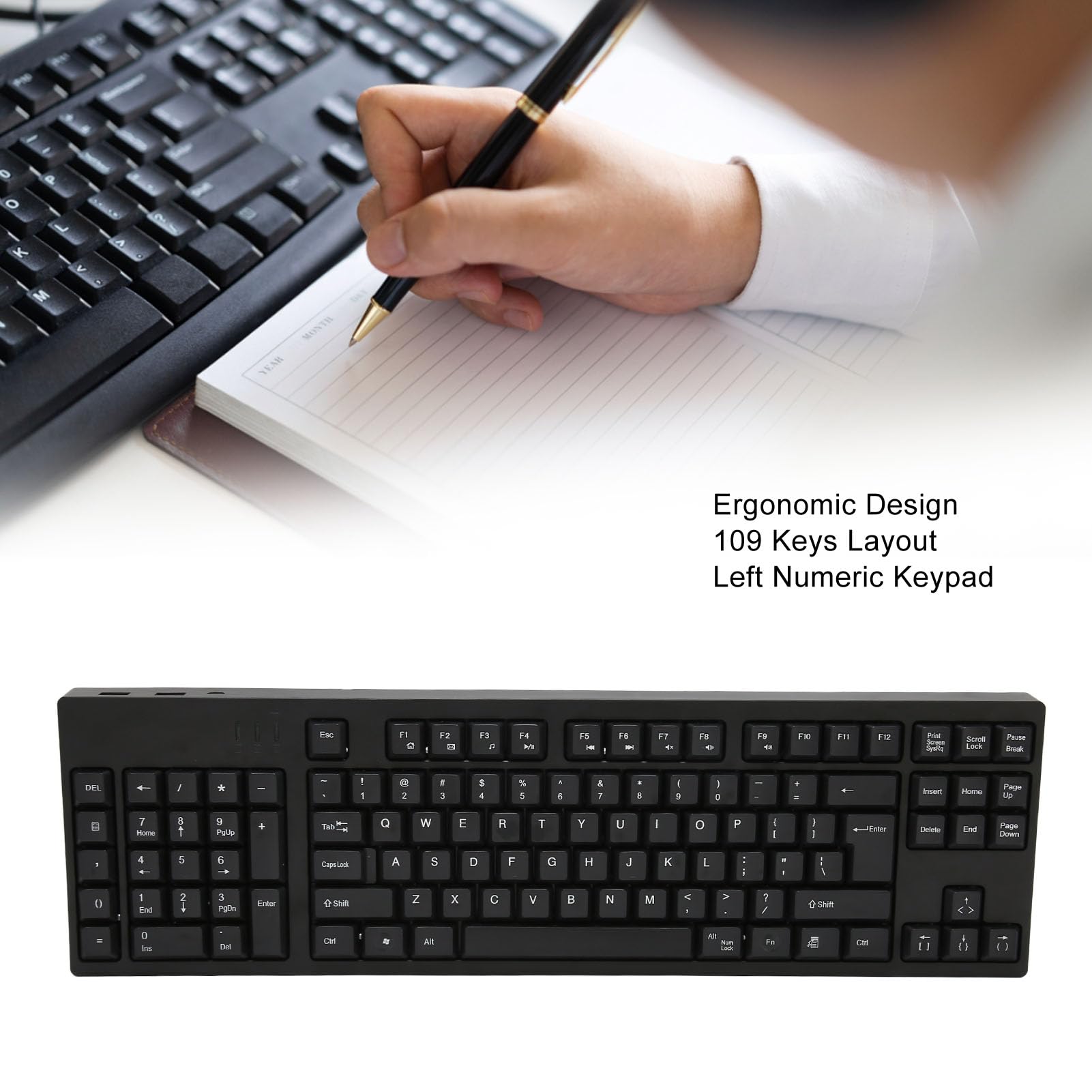 Left-Handed Ergonomic Keyboard - 109 Keys USB Wired Computer Keyboard for Office, Business, Accounting & Design | Plug & Play | Comfortable Typing for Left-Handed Users | Perfect for Long Work Hours & Gaming Sessions