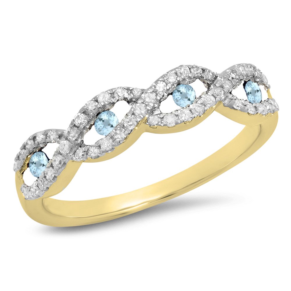 10K Solid Gold Round Aquamarine & White Diamond Stackable Wedding Band Ring for Women - Anniversary, Engagement, Bridal Jewelry Gift - Perfect for Stacking, Everyday Wear & Special Occasions