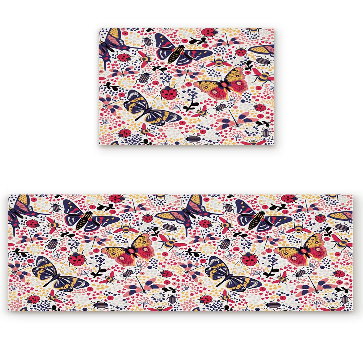 Non-Slip 2-Piece Kitchen Rugs and Mats Set with Rubber Backing - Machine Washable Soft Floor Mat & Runner (23.6x35.4in + 23.6x70.9in) - Butterfly Design for Home Kitchen, Entryway & High-Traffic Areas