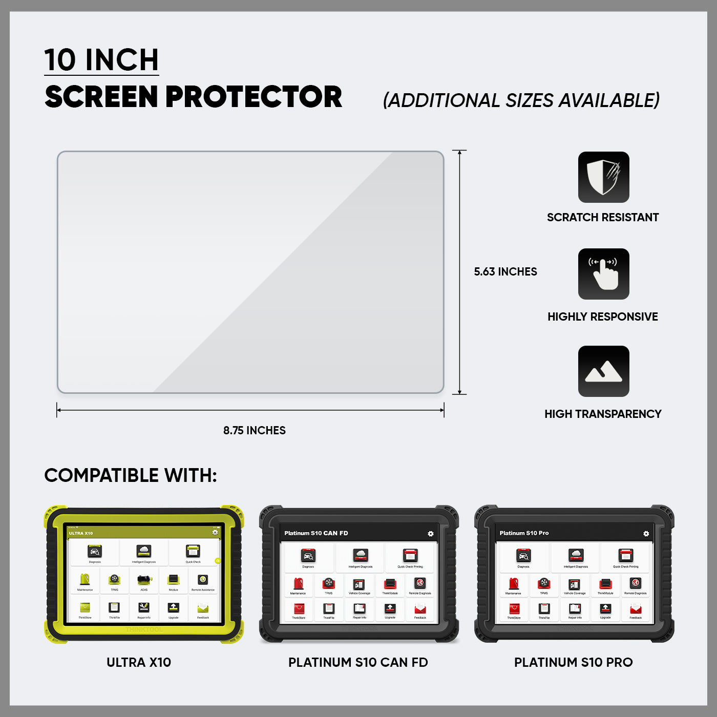 10 Inch Screen Protector for Thinkcar PLATINUM S10 CAN FD, S10 PRO & ULTRA X10 Vehicle Diagnostic Scanners - Anti-Scratch, HD Clear, Bubble-Free (1 Pack) - Perfect for Auto Repair Shops & DIY Car Diagnostics