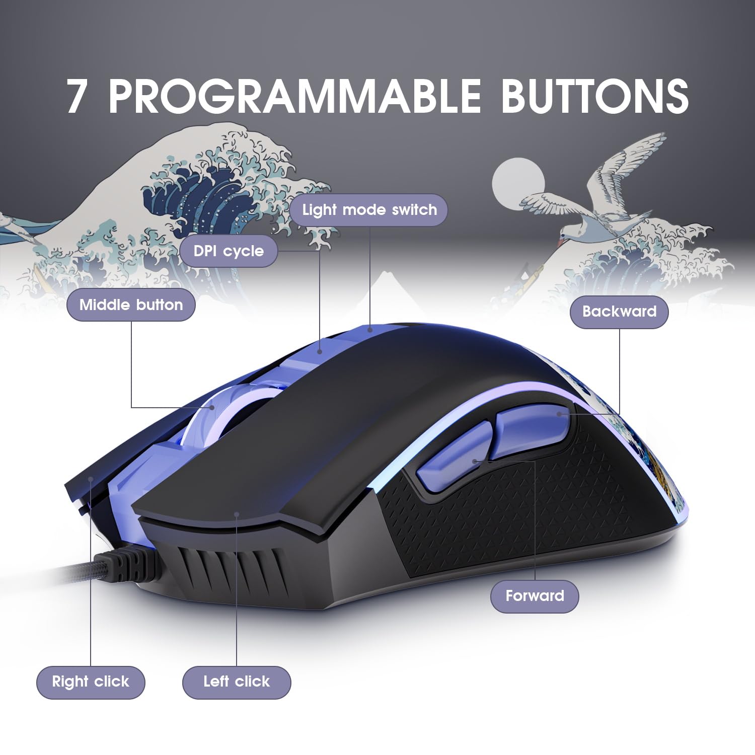 XVX Wired Gaming Mouse - 12000 DPI RGB Gaming Mouse with 12 Backlit Modes & 7 Programmable Buttons | Ergonomic PC Gaming Mouse for Windows/Mac/Laptop | Customizable Keybinding for FPS, MOBA & MMO Games