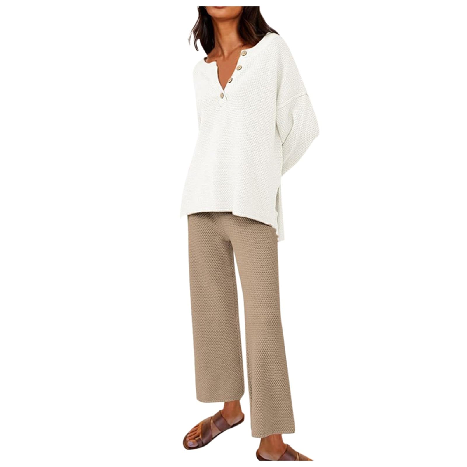 Women's Two Piece Outfits Sets - Fashionable Loose Casual Sweatsuit with V-Neck Button Down Shirt for Autumn | Silver Color | Perfect for Casual Outings, Weekend Wear & Relaxing at Home
