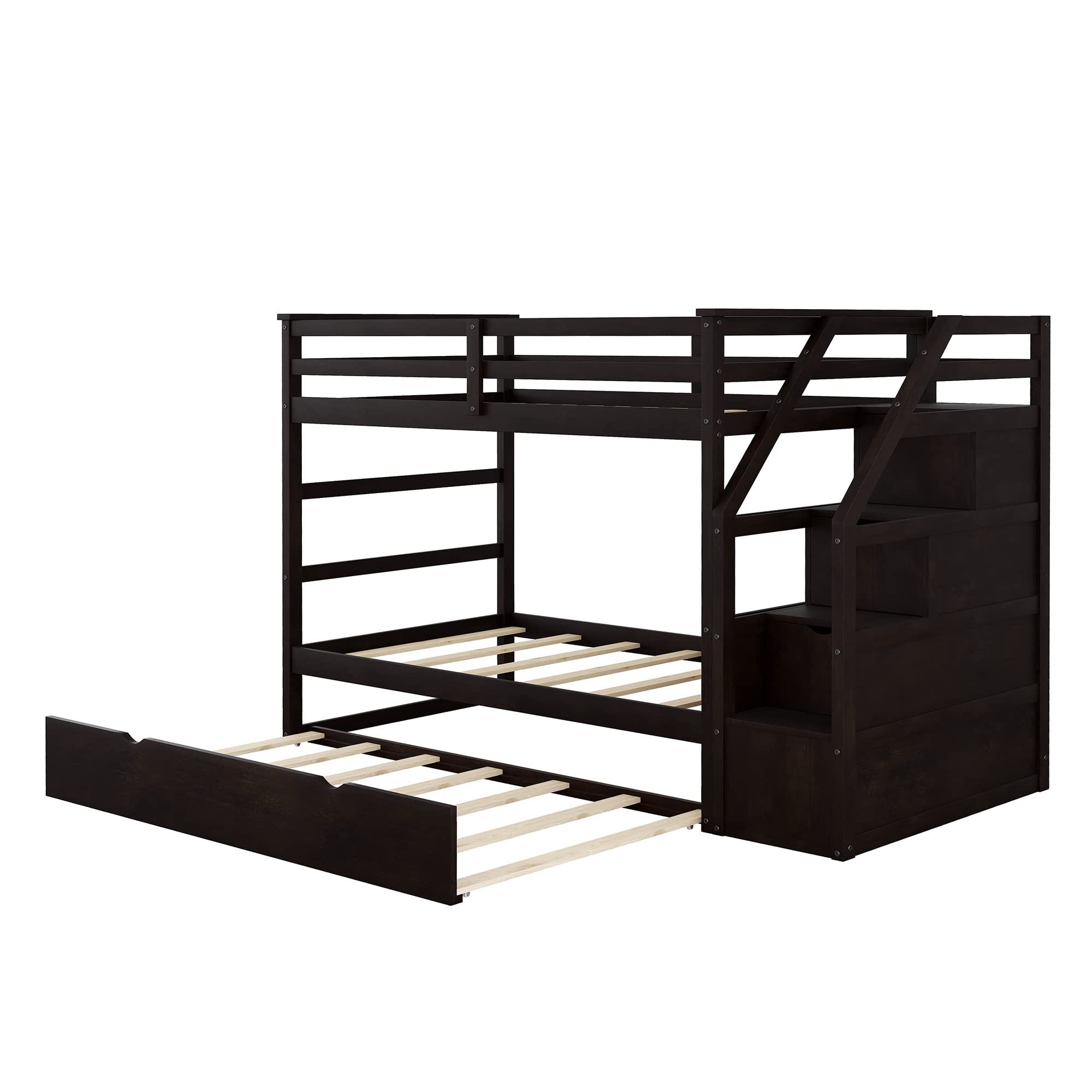 **Wooden Twin Bunk Bed with Stairs & Storage Drawers - Kids Bunk Bed Frame with Pull-Out Trundle for Boys & Girls - Space-Saving Grey Bunk Bed for Small Bedrooms, Kids' Rooms & Guest Rooms**