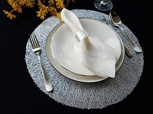 Round Silver Vinyl Placemats Set of 4 - 15 Inch Modern Dining Table Mats for Thanksgiving, Christmas & Housewarming Parties - Waterproof & Easy Clean Place Settings for Everyday Use & Special Occasions