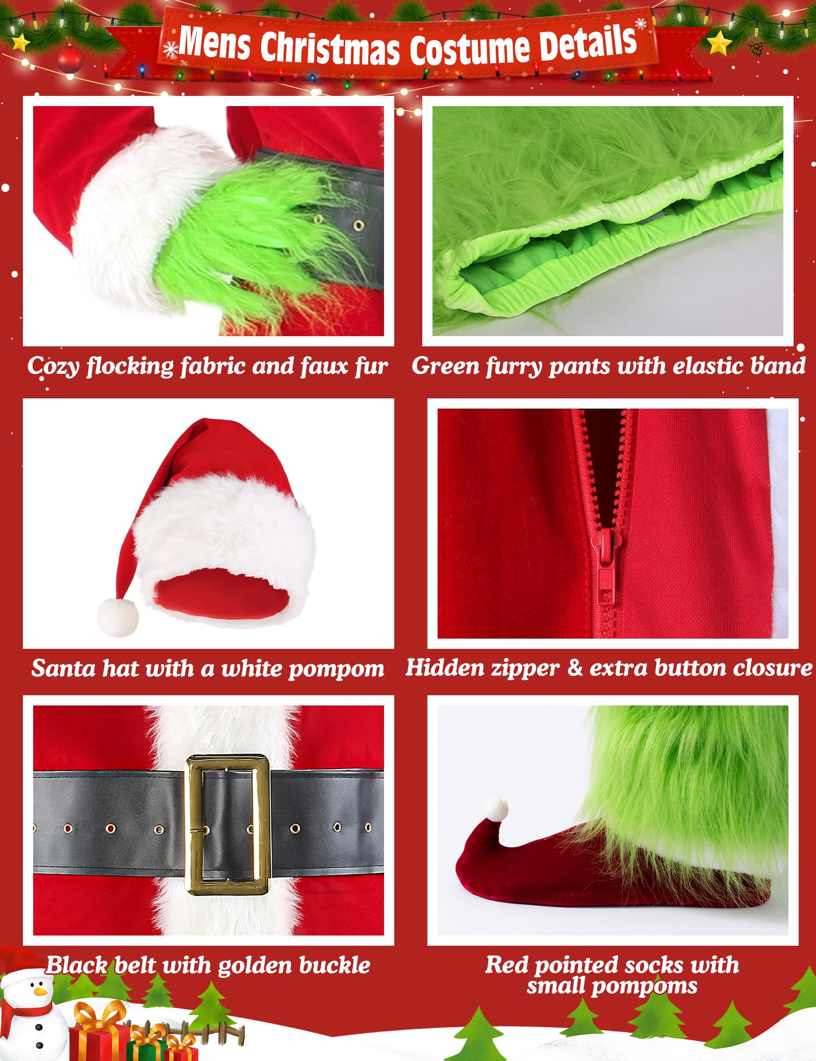 Premium 7-Piece Green Furry Monster Santa Costume Set for Men - Deluxe Adult Christmas Outfit with Mask (Size 3XL) - Perfect for Holiday Parties, Cosplay & Festive Celebrations