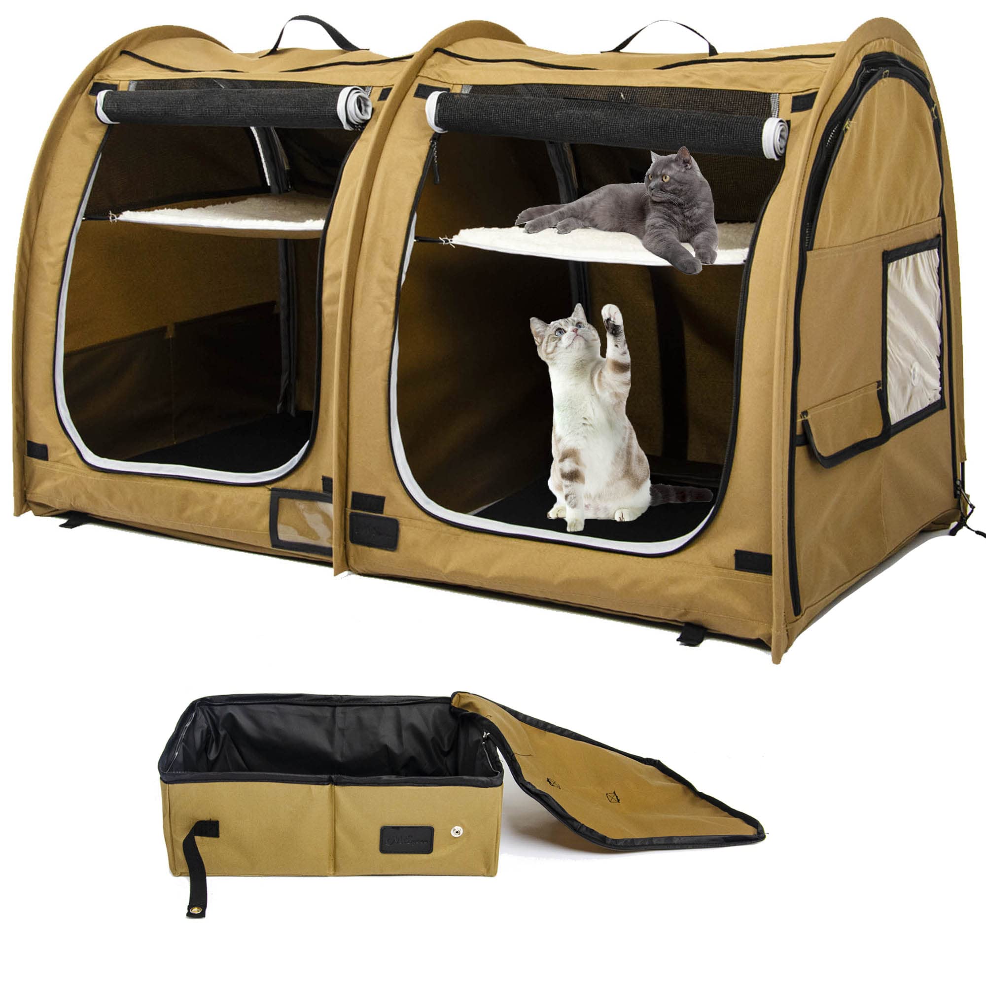 Porayhut Mispace Portable Twin Compartment Cat Cage & Dog Kennel - Foldable Travel Crate with Carry Bag, Hammock, Mat & Litter Box - Cozy Pet Home for Indoor, Outdoor & Car Travel Use