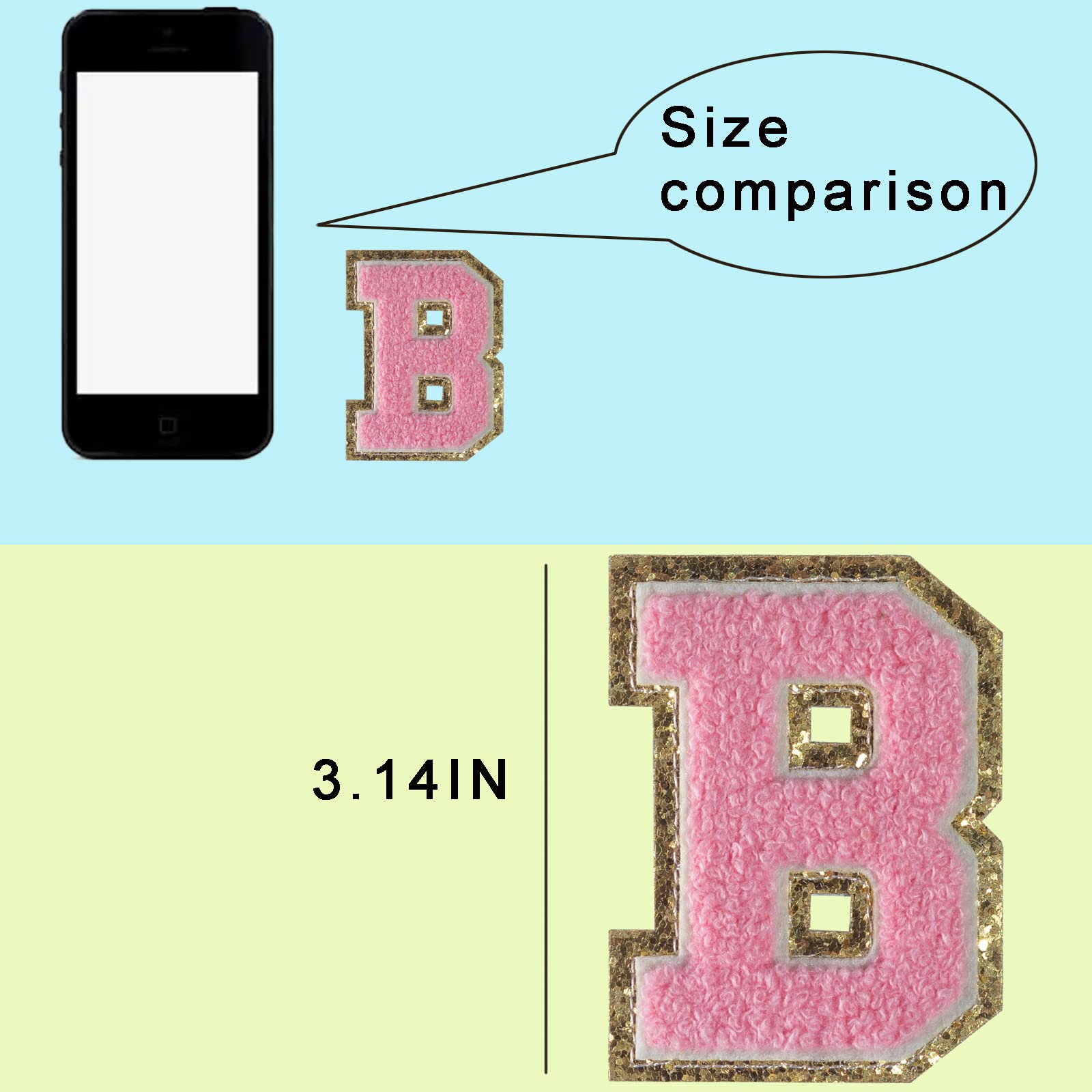 6 PCS Pink Gold Glitter Chenille Letter Patches - Embroidered Iron On Letters for Hats, Shirts, Shoes, Jeans & Bags (3.1in Height Letter B) - Perfect for DIY Crafts, Custom Apparel & Personalized Gifts