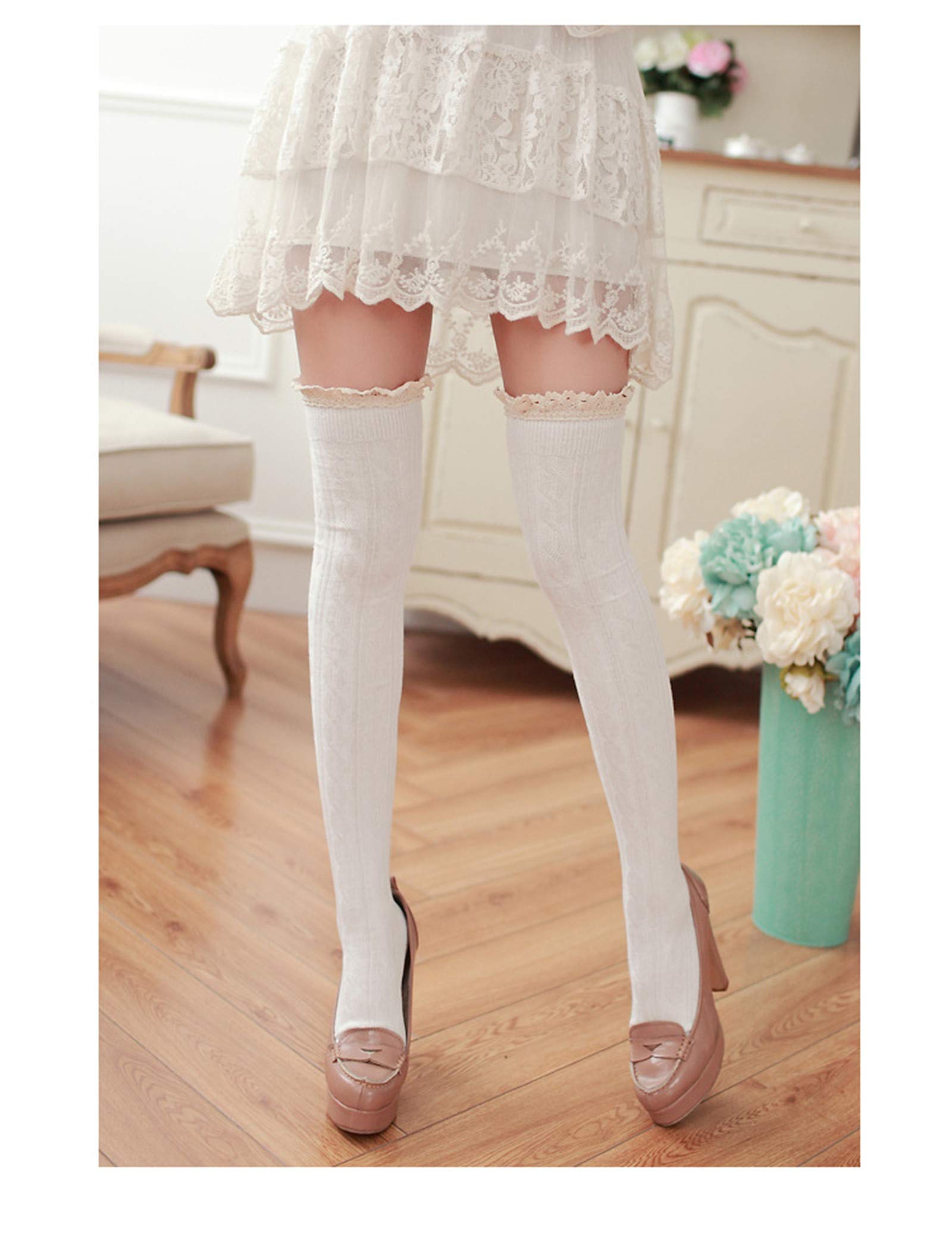 Sexy Lace Knitted Over Knee Thigh High Stockings for Women - Comfortable Cotton Pantyhose with Elegant Lace Design | Perfect for Date Night, Party Wear and Fashion Outfits