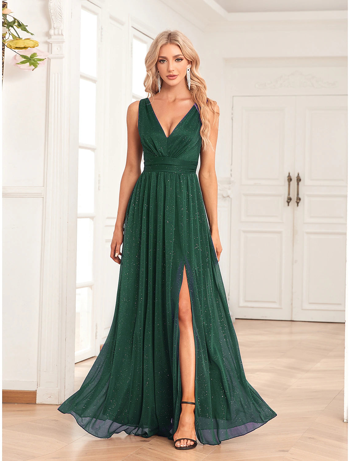 Elegant A-Line Empire Waist Evening Gown - Floor Length Sleeveless V-Neck Glitter Dress with Back Slit | Perfect for Prom, Gala, Wedding Guest & Formal Party Wear