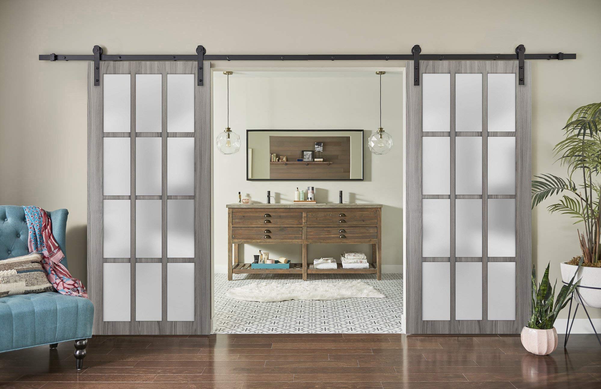 Felicia 3312 72x80 Inch Sturdy Double Barn Door with Frosted Glass 12 Lites - Ginger Ash Gray Finish | Top Mount 13FT Rail Hangers Heavy Duty Set | Solid Panel Interior Doors for Bedroom, Closet & Farmhouse Style Homes