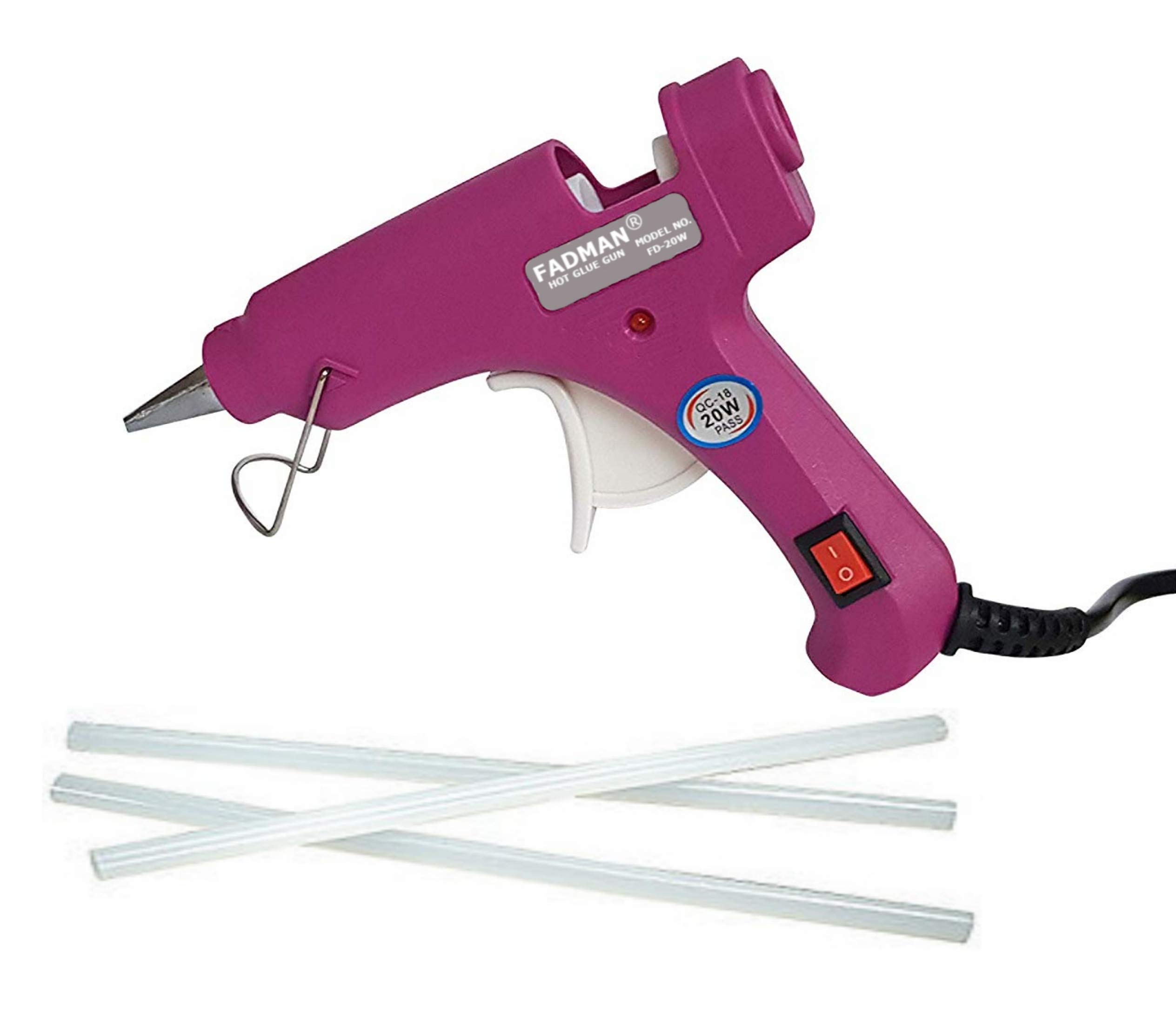 FADMAN Mini 20W Hot Melt Glue Gun with On/Off Switch & Indicator - 7mm Nozzle (Magenta) Includes 3 Glue Sticks - Perfect for DIY Crafts, Home Repairs & School Projects