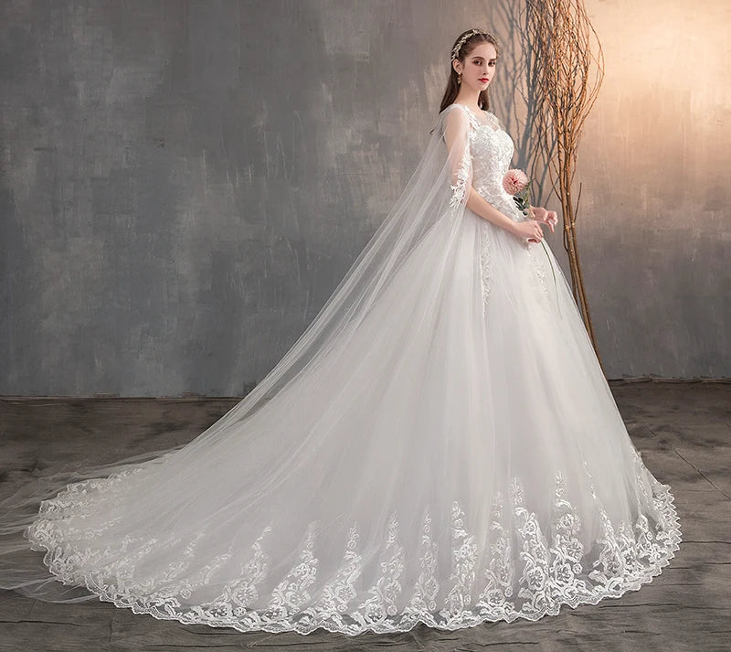 Elegant Long Sleeve Lace Wedding Dress with Long Train & Embroidery - Plus Size Princess Bridal Gown for Church, Beach, or Ballroom Ceremonies