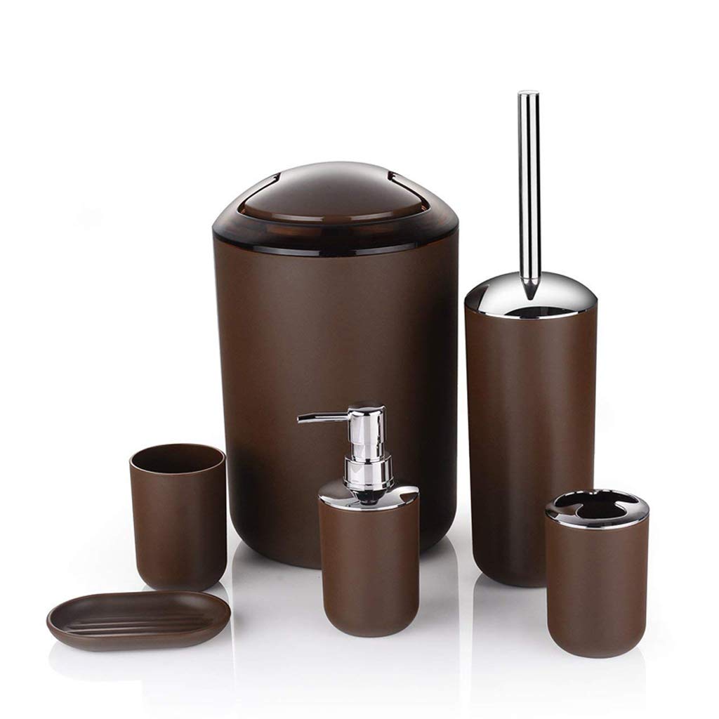 6-Piece Plastic Bathroom Accessories Set - Toothbrush Holder, Soap Dispenser, Soap Dish, Toilet Brush Holder, Trash Can & Tumbler Straw Set - Modern Brown Decor for Home, Hotel & Guest Bathroom