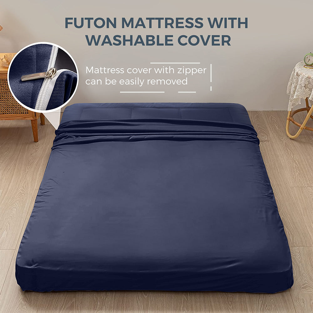 MAXYOYO Japanese Floor Futon Mattress - Thick Padded & Portable Navy Blue Floor Bed for Guest Room, Dorm, Camping & Travel