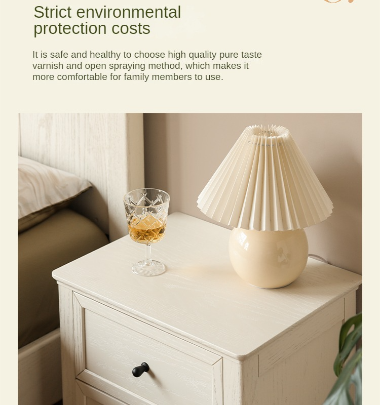 Solid Oak Wood Nightstand - Cream Finish, American Style Bedside Table for Bedroom Decor & Storage