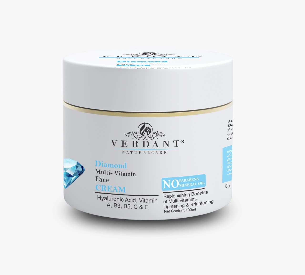 Verdant Diamond Face Cream with Hyaluronic Acid & Multi-Vitamin - Instant Glow & Deep Hydration Moisturizer - Brightening & Lightening Cream for All Skin Types - Paraben Free - 100ml - Perfect for Daily Skincare Routine & Nighttime Hydration