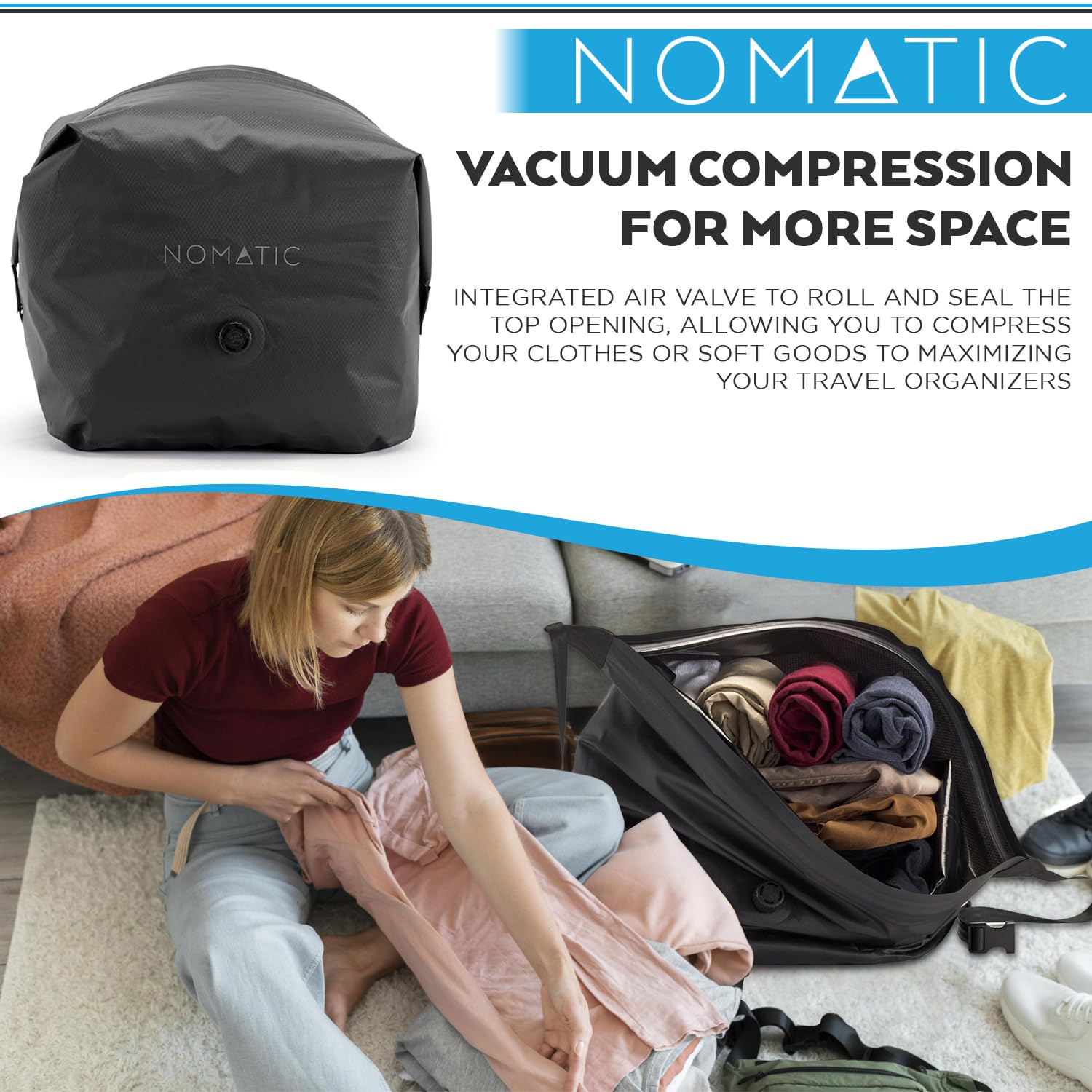 NOMATIC Vacuum Compression Packing Cubes - Travel Luggage Organizer Bags for Suitcases (Black) | Perfect for Business Trips, Vacations & Organized Packing