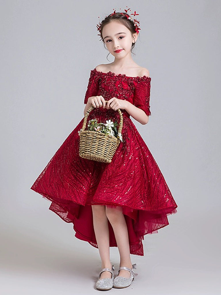 Elegant A-Line High-Low Tulle Lace Burgundy Flower Girl Dress for Weddings, Pageants, and Special Occasions