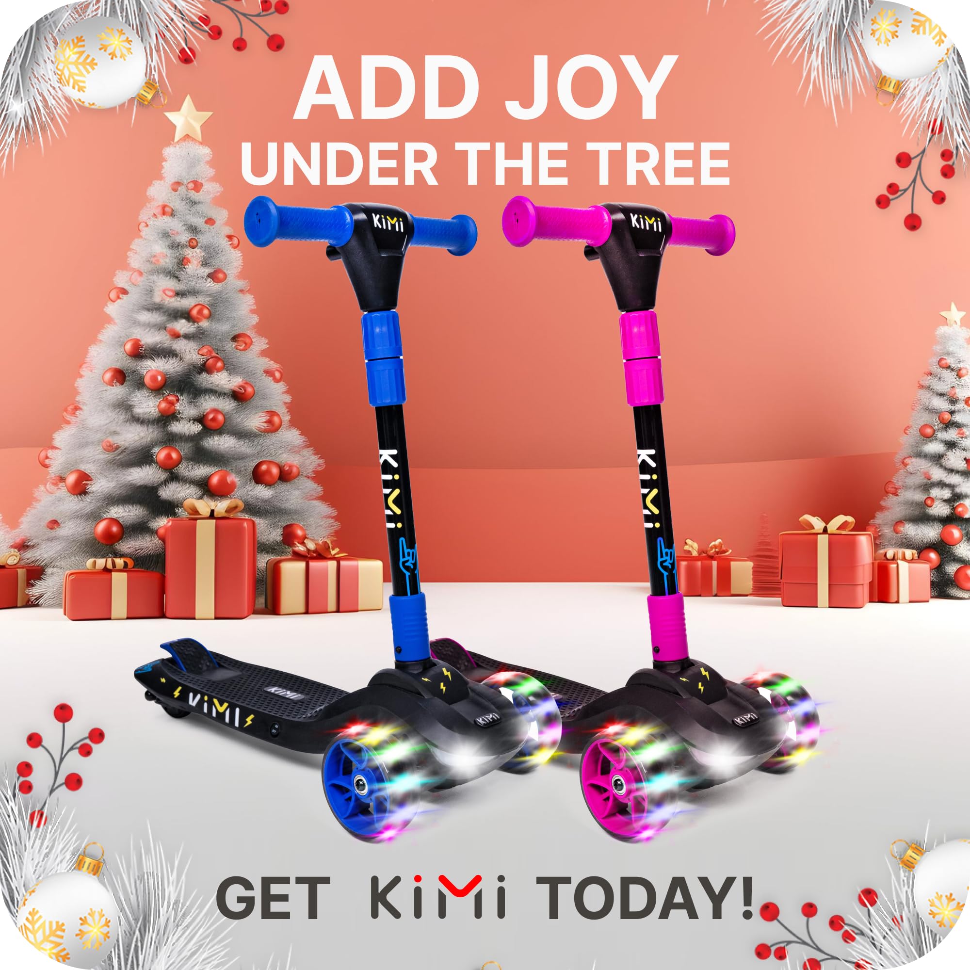 Kimi 3 Wheel Electric Scooter for Kids Ages 2-9 - Safe LED Light Up Wheels & Front Light, Foldable E-Scooter with 10 Mile Range - Perfect for Boys & Girls Outdoor Play, Commuting to School, and Neighborhood Rides