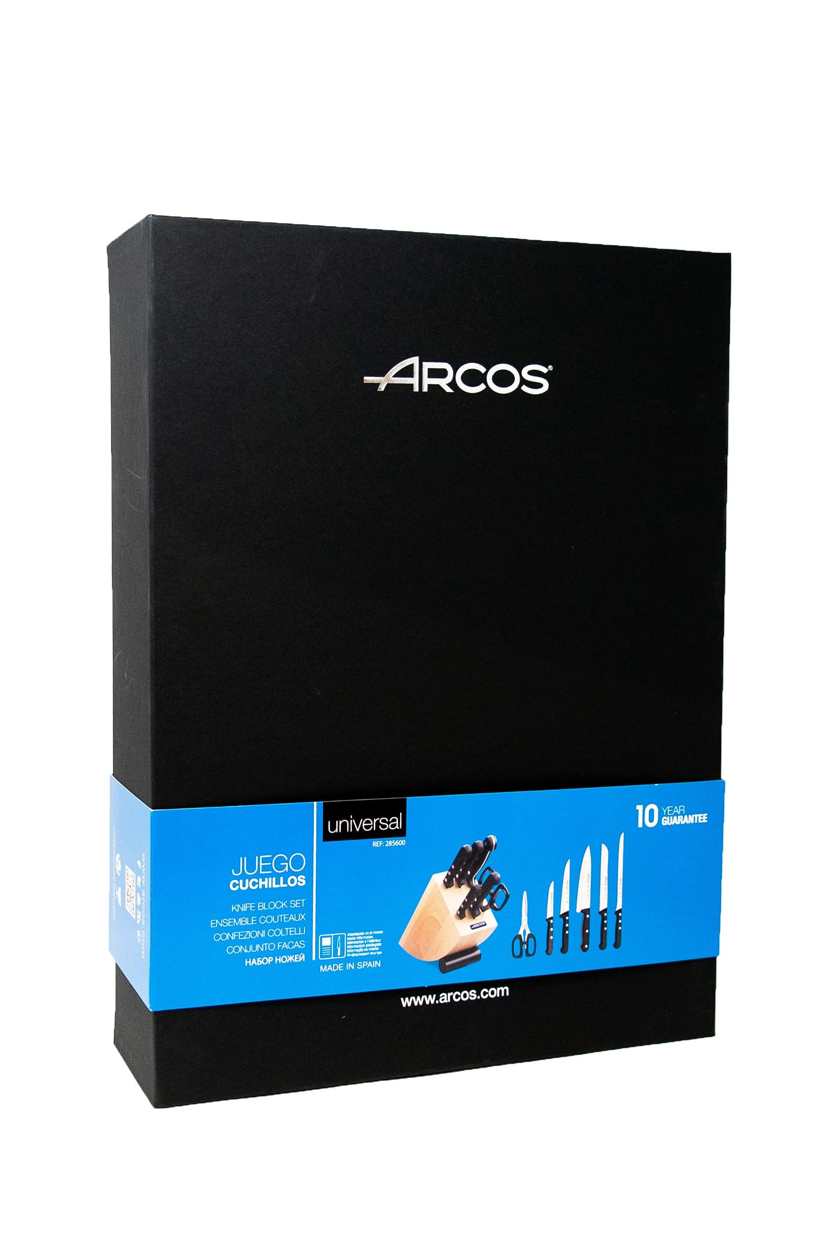 Premium Arcos 6-Piece Kitchen Knife Set with Wood Block - 5 Stainless Steel Knives & 1 Scissors, Ergonomic POM Handles - Perfect for Home Chefs, Cooking Enthusiasts & Professional Kitchens
