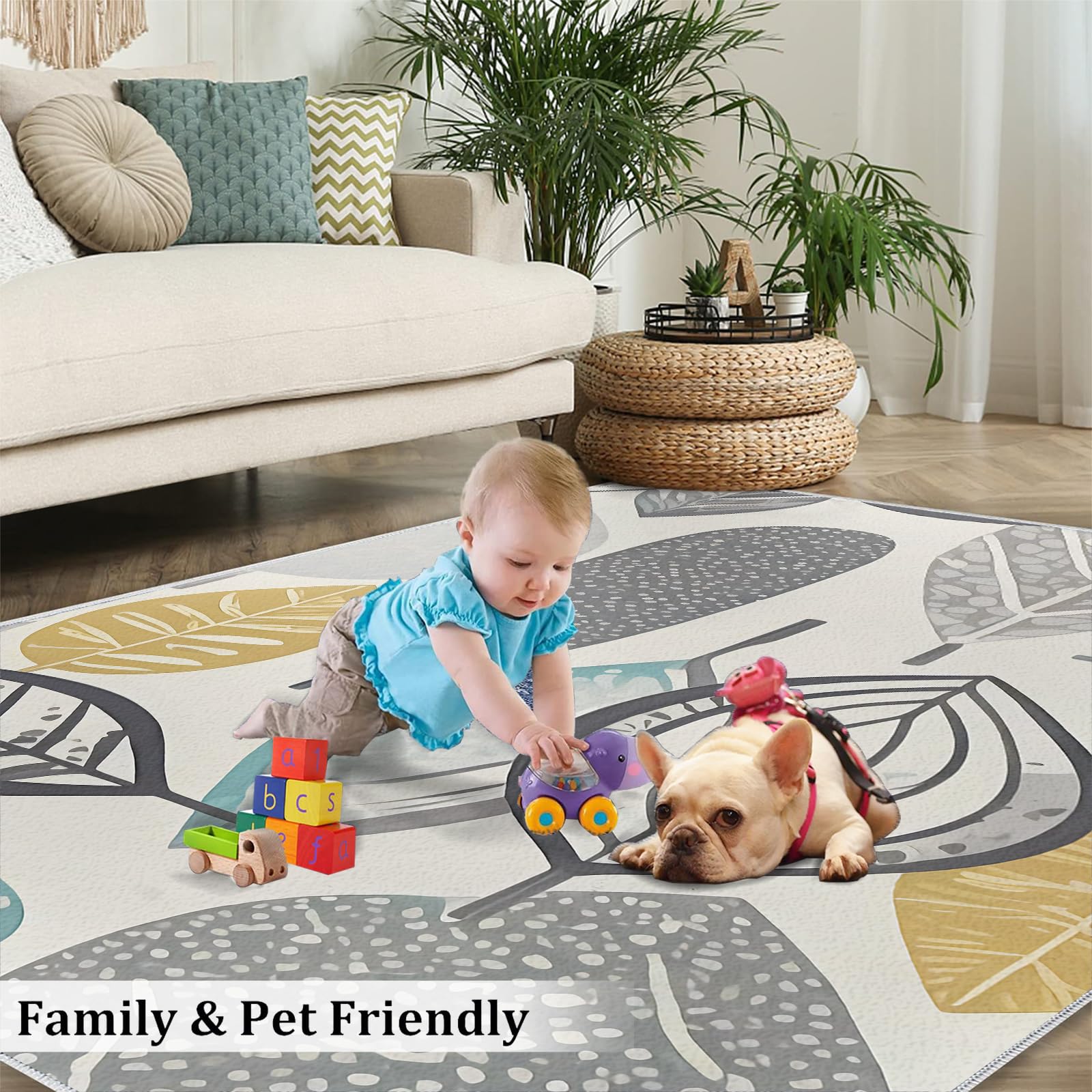 Exotic Leaves Print Area Rug - Light Grayish Yellow & Mint Green Soft Non-Slip Washable Foldable Rug (5x8ft) for Living Room, Nursery, Dorm, Bedroom & Dining Room | Perfect for Kids Play Area & Home Decor