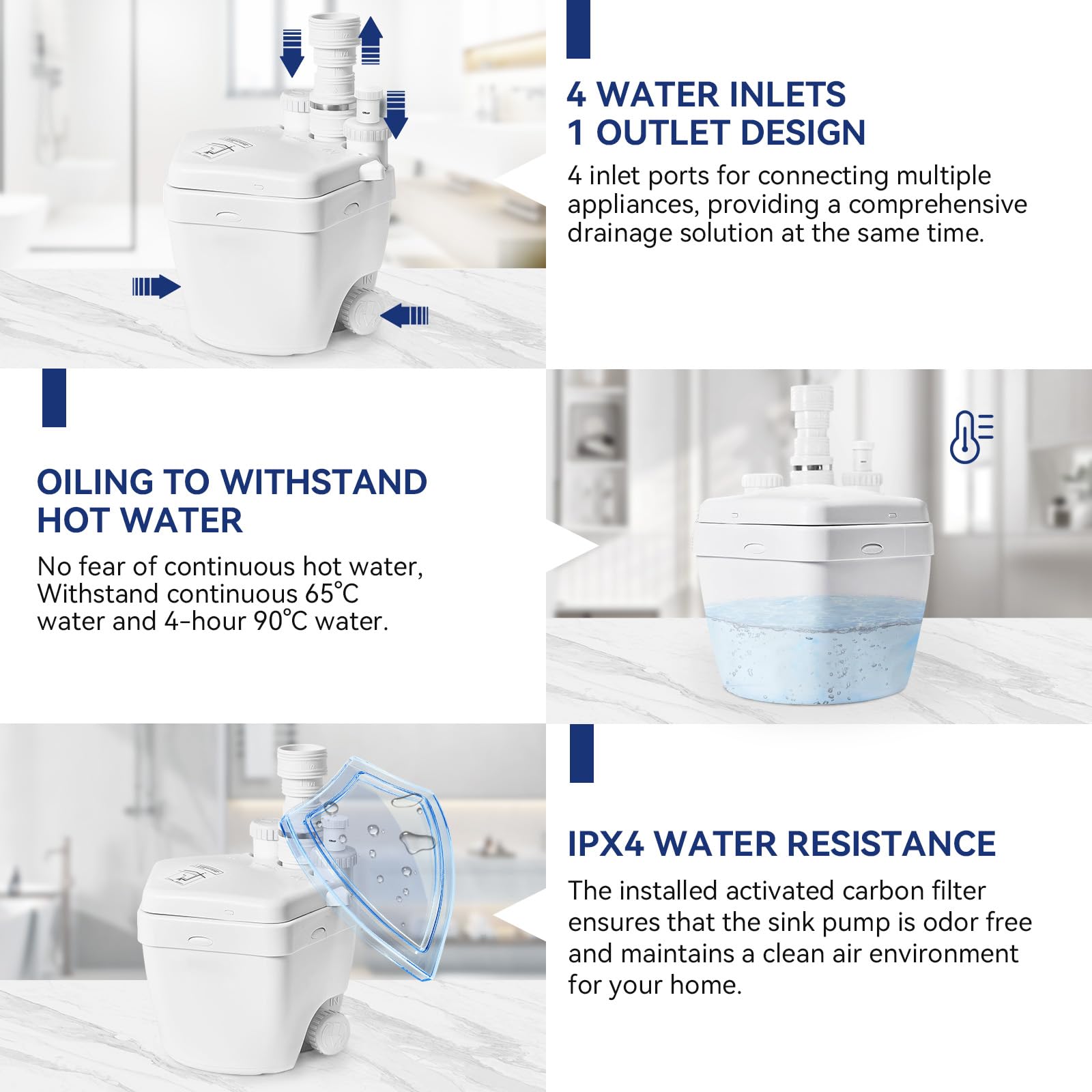 Upgraded 800W Utility Sink Pump with PCB Function | 1 HP Drain Pump Upflush to 36ft/11m | 2200GPH Sump with 4 Inlets & 1 Outlet for Basement, Laundry, Sink | Ideal for Home, RV & Commercial Use