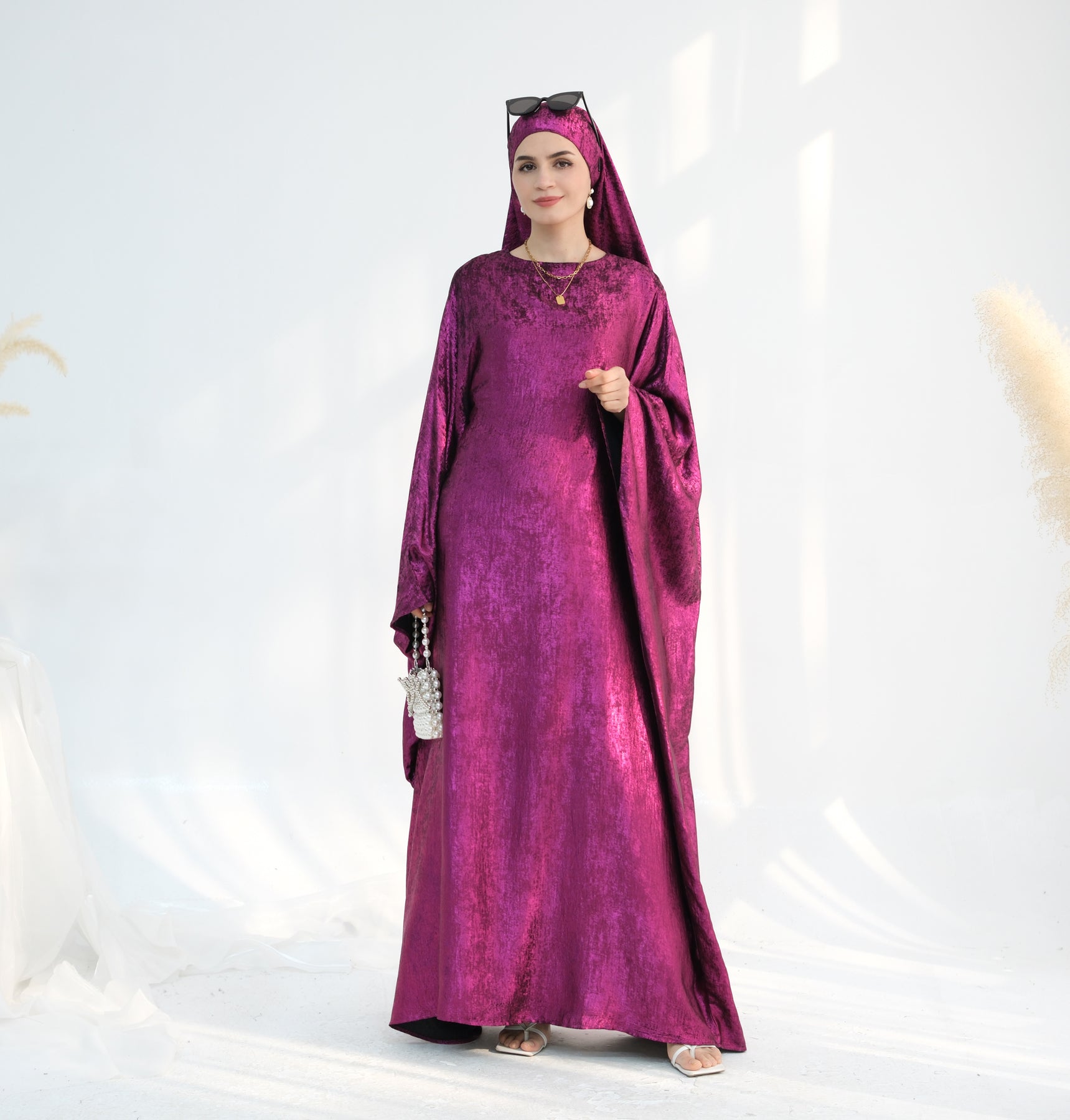 Linora Shimmer Butterfly Abaya - Elegant Magenta Islamic Dress for Women | Perfect for Eid, Prayer, and Special Occasions