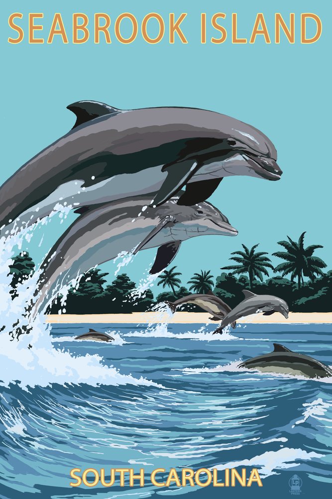 Signed Dolphins Jumping Art Print - Seabrook Island, South Carolina 45242 - 24x36 Wall Decor Poster for Living Room, Office & Beach House