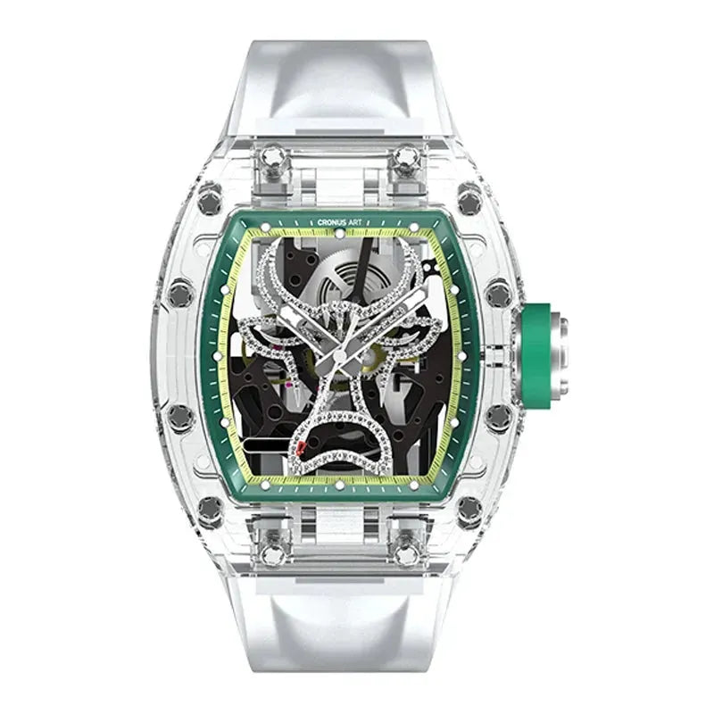 CRONUSART Men's Automatic Skeleton Watch - 50mm Tonneau Sapphire Crystal Case, Mechanical Movement, Luminous Hands, Liquid Silicone Strap, Bull Dial - Perfect for Business, Casual Wear & Gift Giving