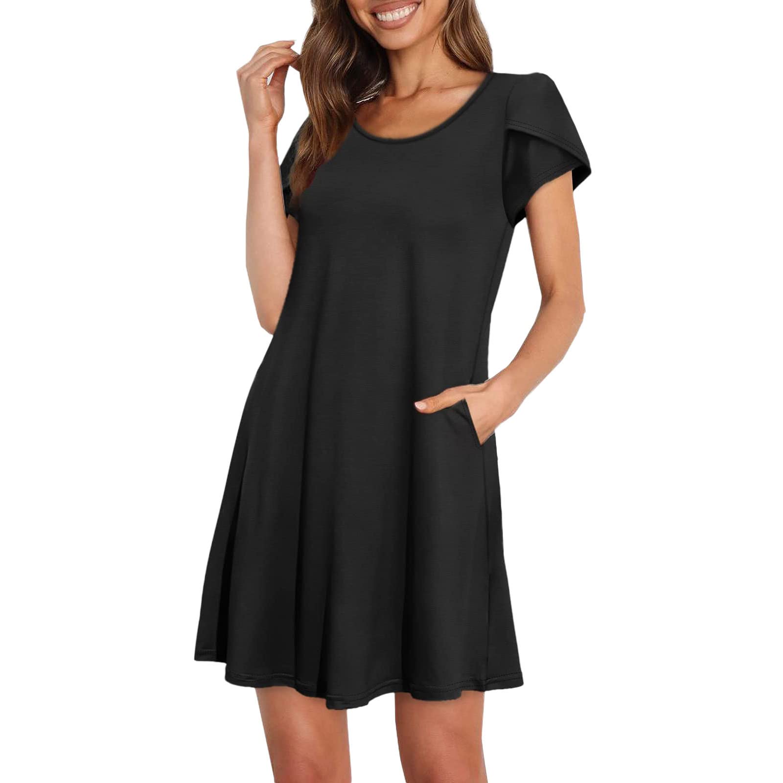 Women's Wrap Dress - Solid Color Petal Sleeve T-Shirt Dress with Pockets | Summer Casual Loose Fit Dress for Work, Date & Vacation