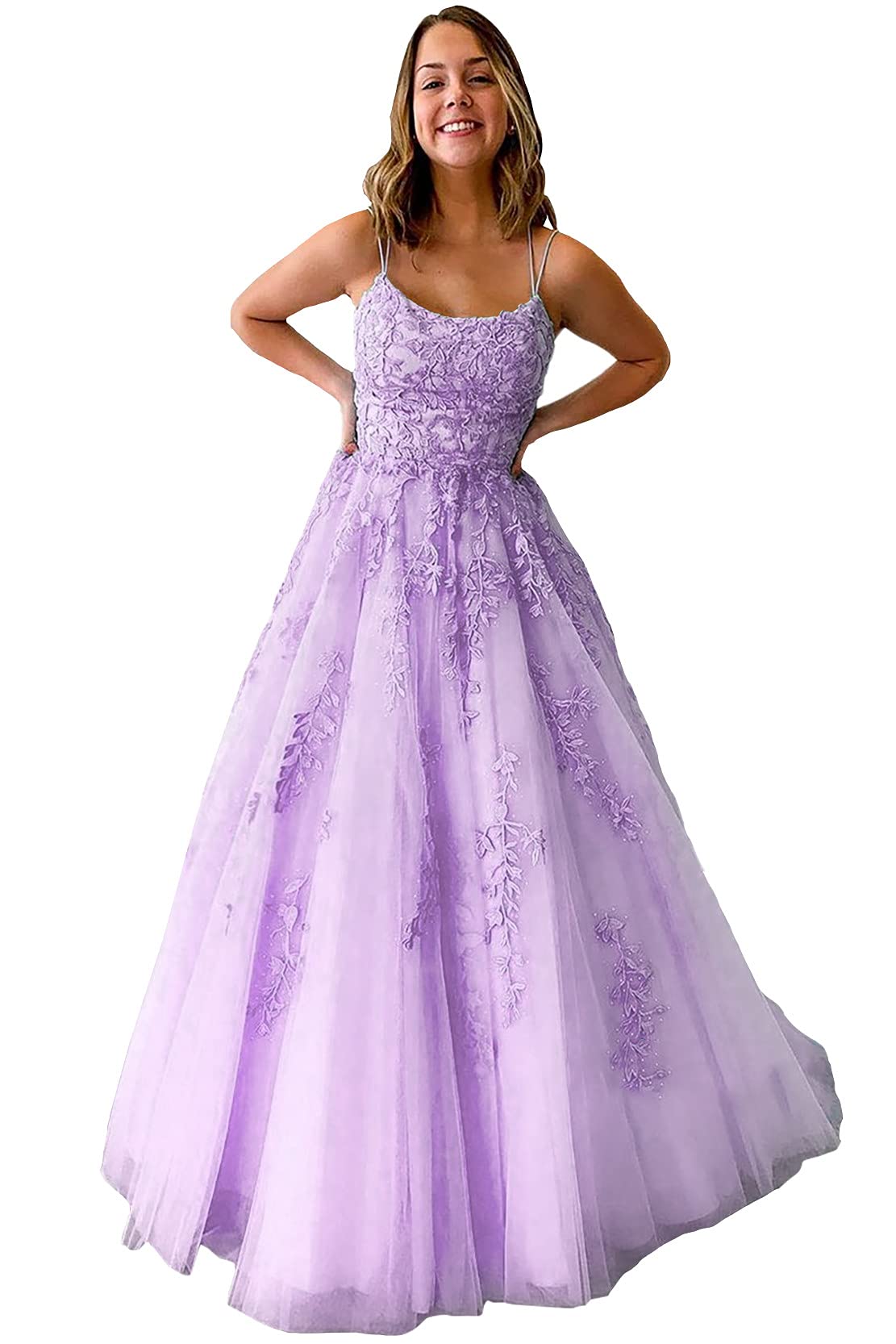 Elegant A-Line Lace Appliques Prom Dress for Women - Long Tulle Quinceanera Gown with Spaghetti Straps | Perfect for Formal Evening Events, Weddings, and Special Occasions
