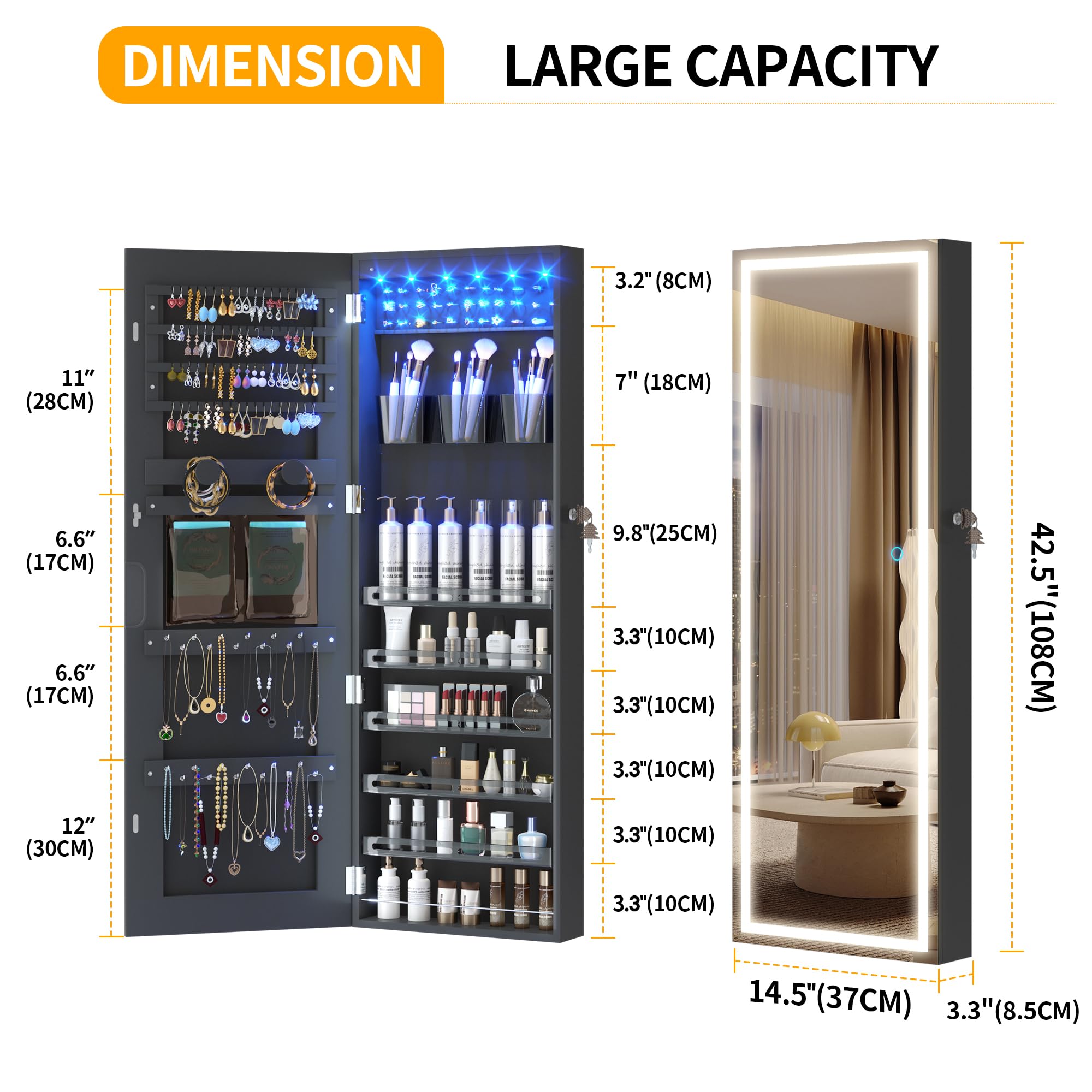 LVSOMT LED Mirror Jewelry Cabinet - Wall Mounted & Over Door Hanging Jewelry Organizer with Lights, Full Length Mirror & Jewelry Storage Armoire (Black) - Perfect for Bedroom, Closet & Dressing Room Organization