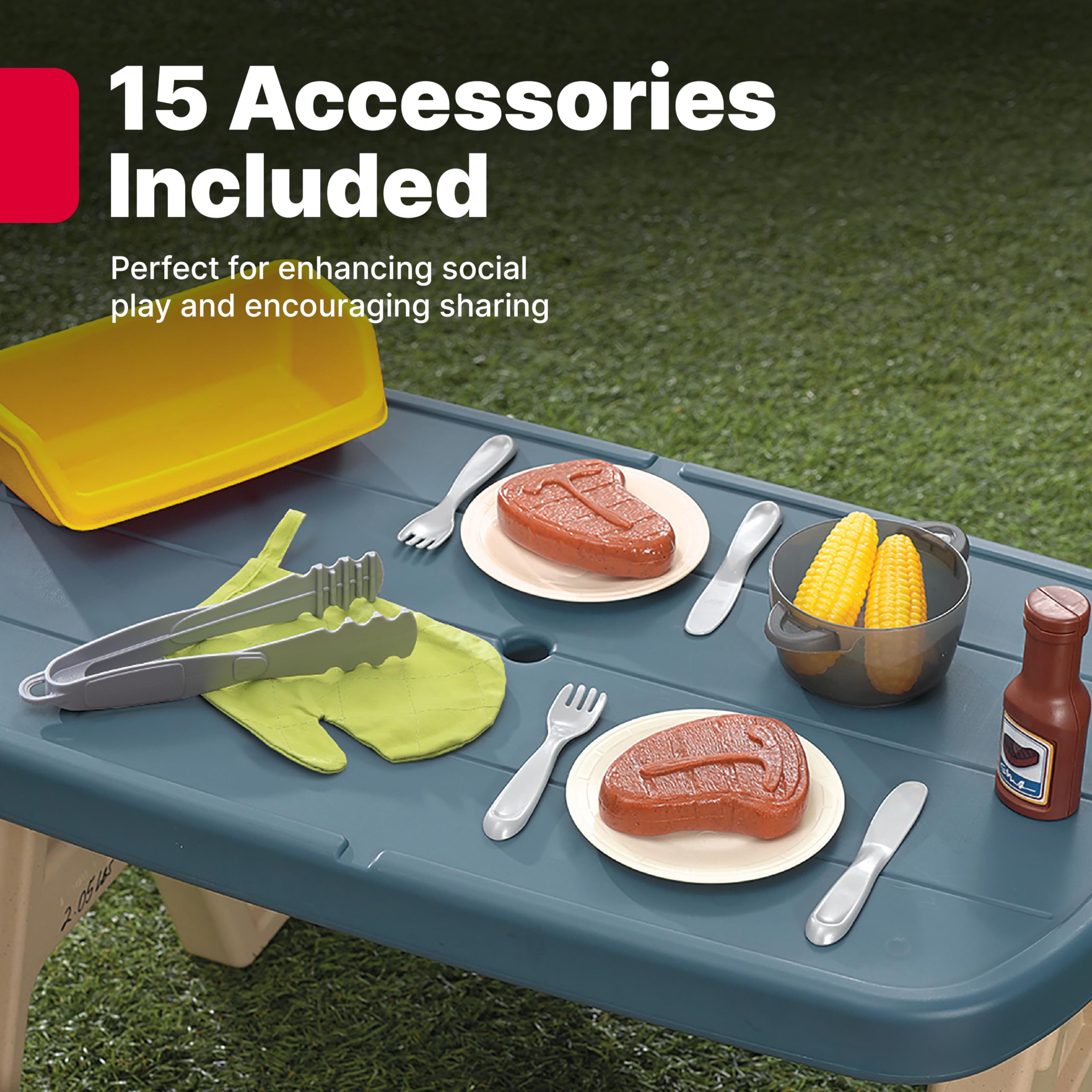 Step2 Sizzle & Smoke BBQ Grill Kids Playset - Durable Plastic Indoor/Outdoor Toy Kitchen with Interactive Sounds & 15 Accessories - Pretend Play Cooking Set for Toddlers Ages 3+ - Perfect for Backyard, Playroom & Imaginative Role-Playing Games
