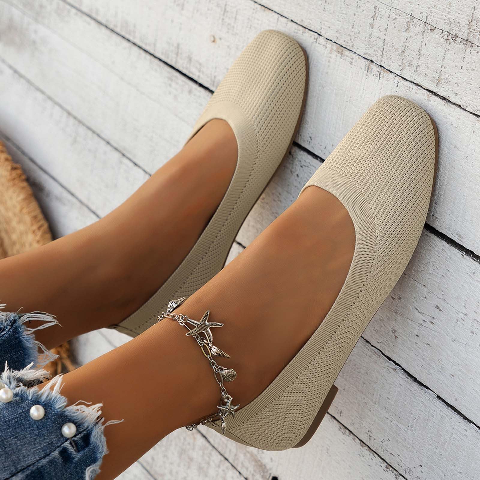 Women's Breathable Mesh Knit Ballet Flats - Square Toe Flat Sole Casual Shoes for Work, Walking & Daily Wear | Comfortable Slip-On Solid Color Shallow Mouth Design