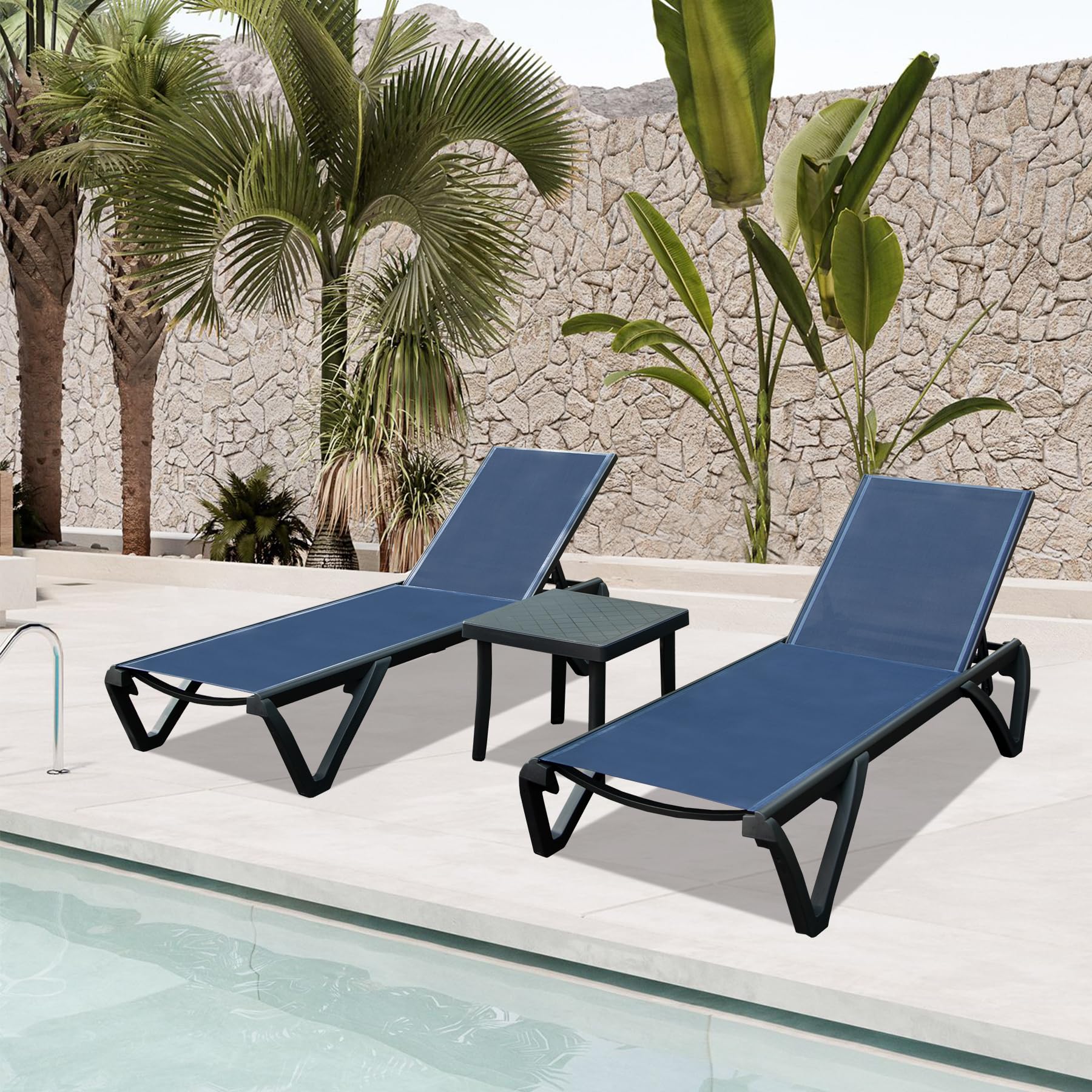 **Domi 3-Piece Pool Lounge Chair Set with Side Table - 5-Position Adjustable Aluminum Chaise Lounge with Wheels - Navy Blue Outdoor Furniture for Poolside, Garden, Beach & Backyard Relaxation**
