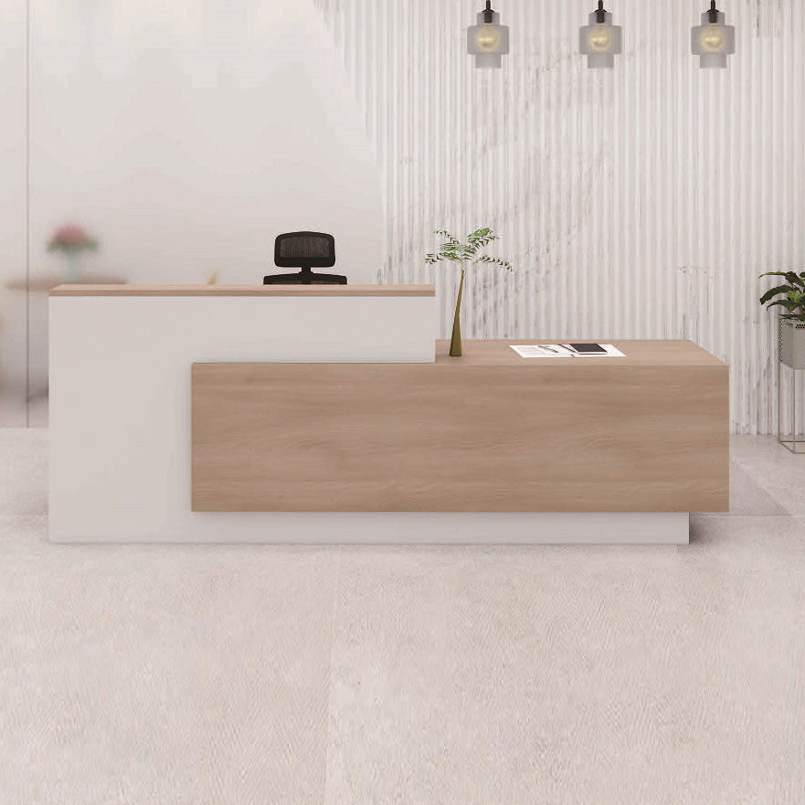 HELMER 2.4M Right Panel Reception Desk in Oak & White - Perfect for Office Lobby, Hotel Front Desk & Corporate Reception Areas