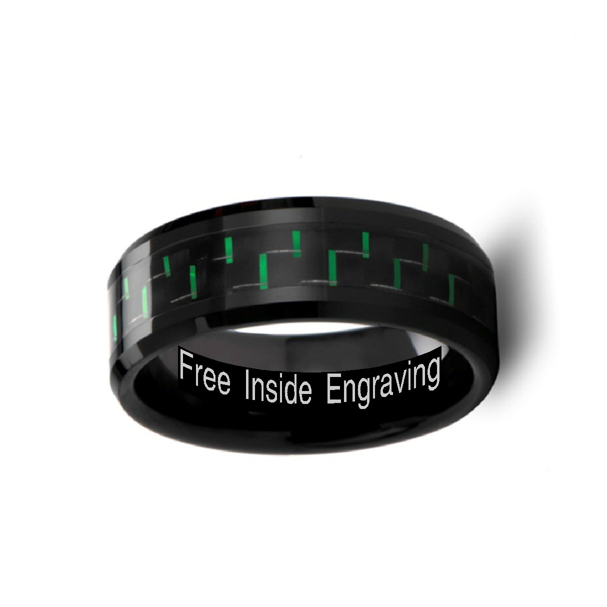 ATILUS Black Beveled Edge Ceramic Wedding Ring - 8mm Wide with Black & Green Carbon Fiber Inlay - Custom Engraved Inside - Durable & Stylish Men's Wedding Band - Perfect for Anniversaries, Engagements & Everyday Wear